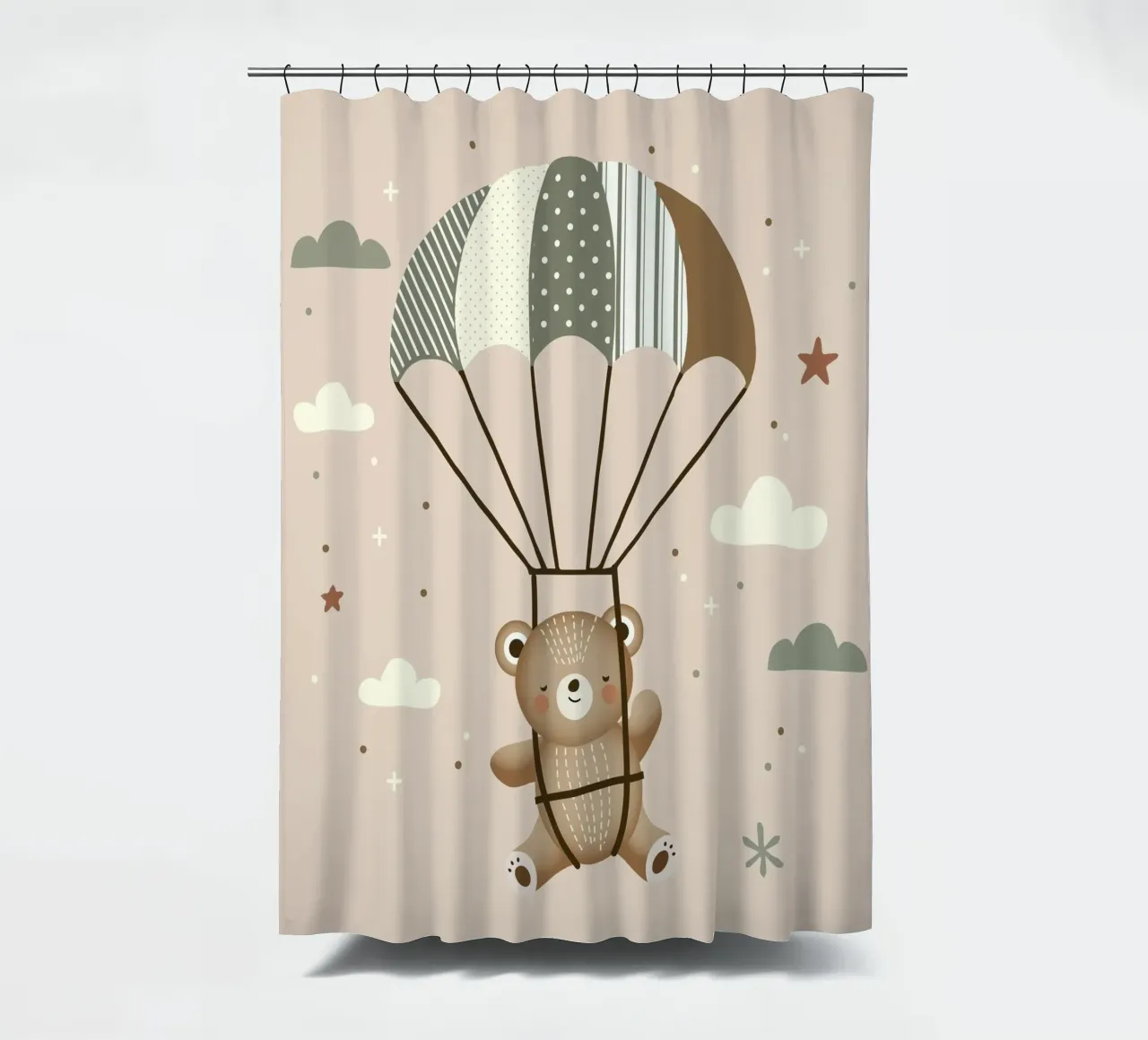 Orso con paracadute - Illustrazione giocosa in colori tenui tenda da doccia da namosh