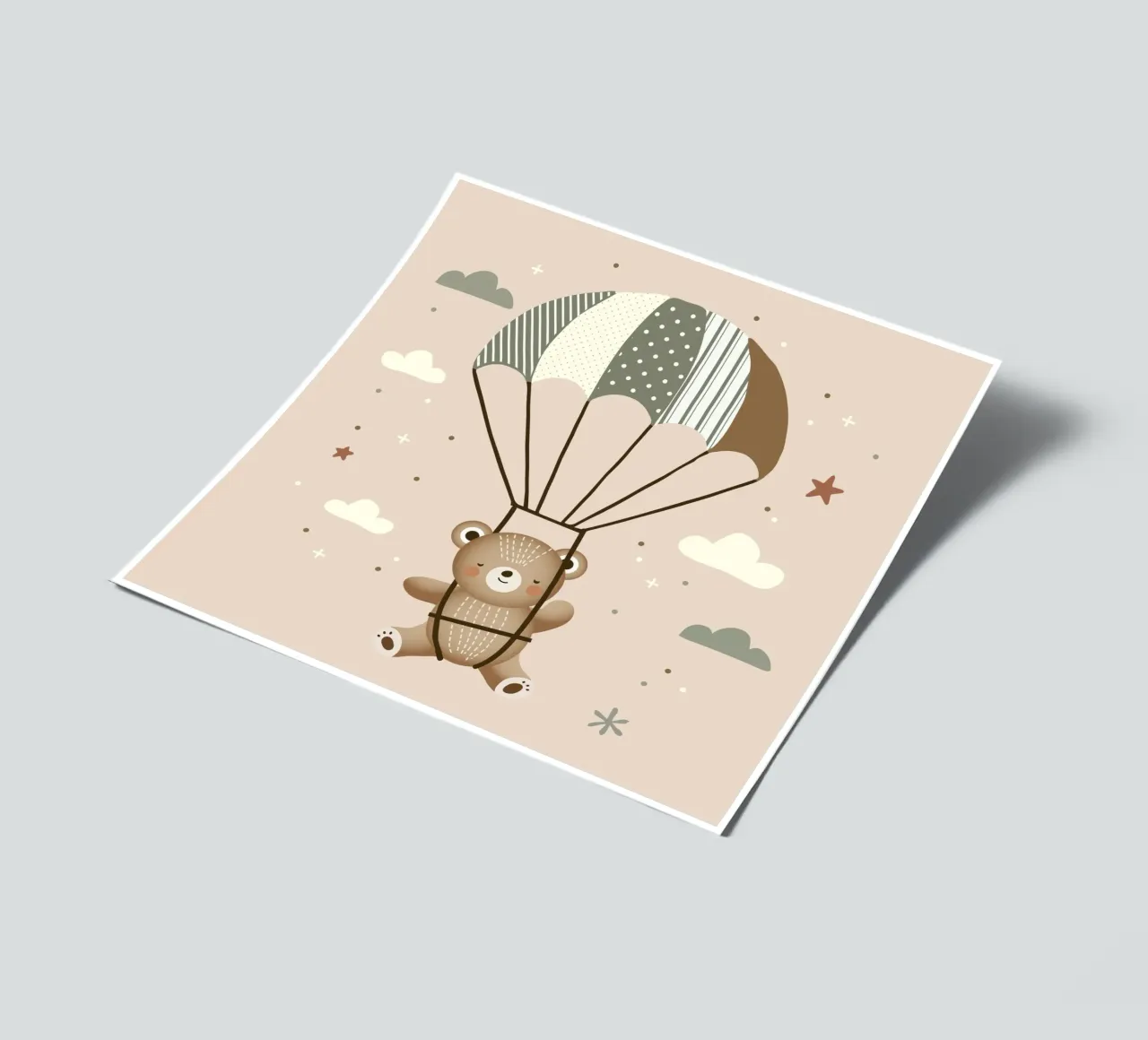 Orso con paracadute - Illustrazione giocosa in colori tenui foglio adesivo da namosh