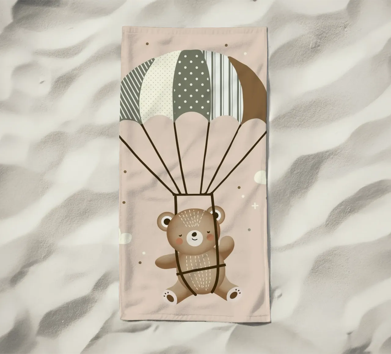 Orso con paracadute - Illustrazione giocosa in colori tenui telo mare da namosh