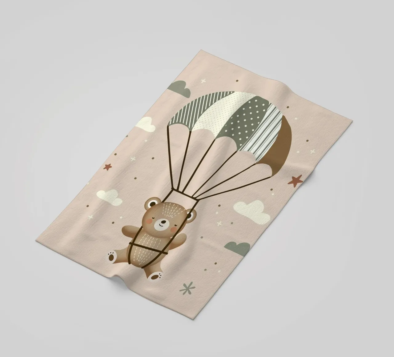 Orso con paracadute - Illustrazione giocosa in colori tenui telo mare da namosh