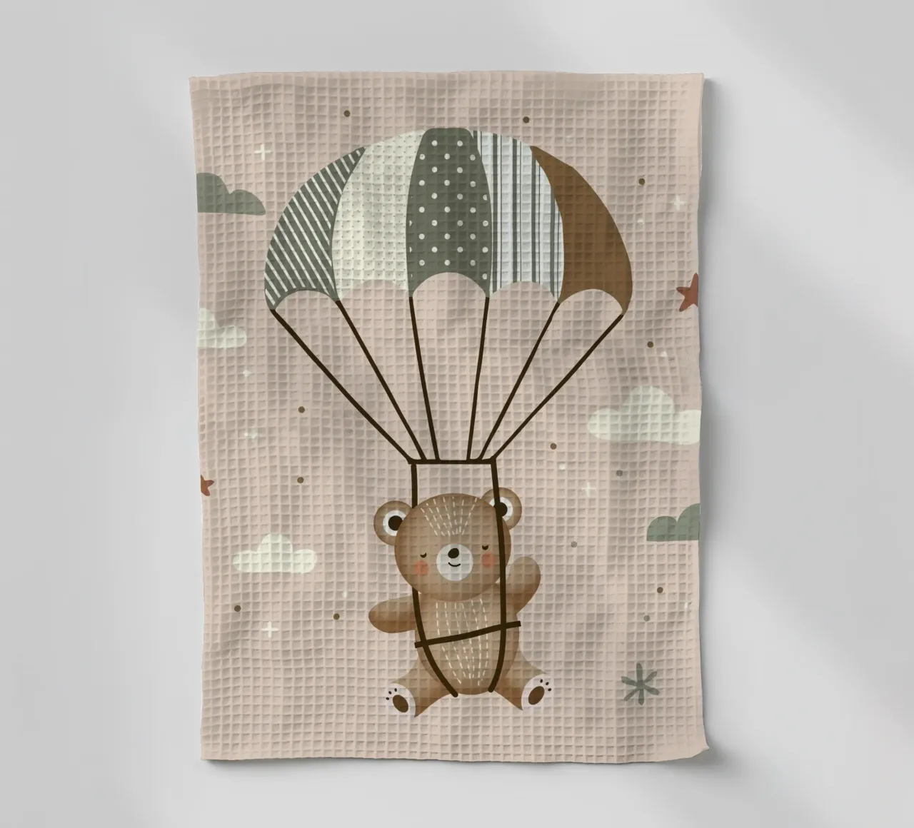 Orso con paracadute - Illustrazione giocosa in colori tenui canovaccio da cucina da namosh