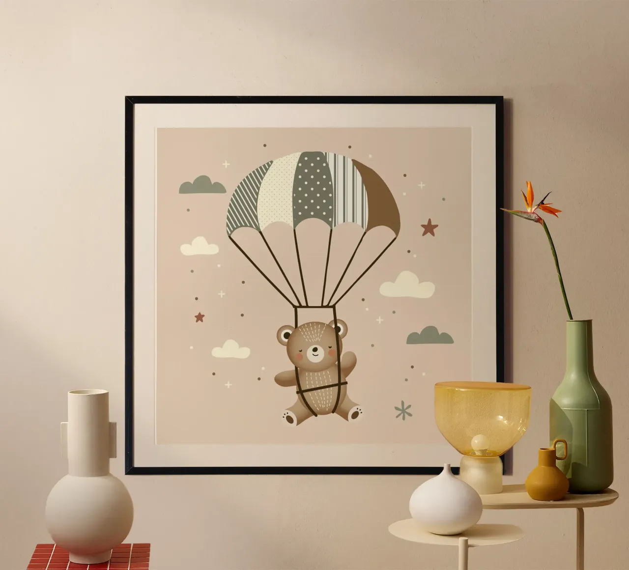 Orso con paracadute - Illustrazione giocosa in colori tenui carta hahnemühle da namosh
