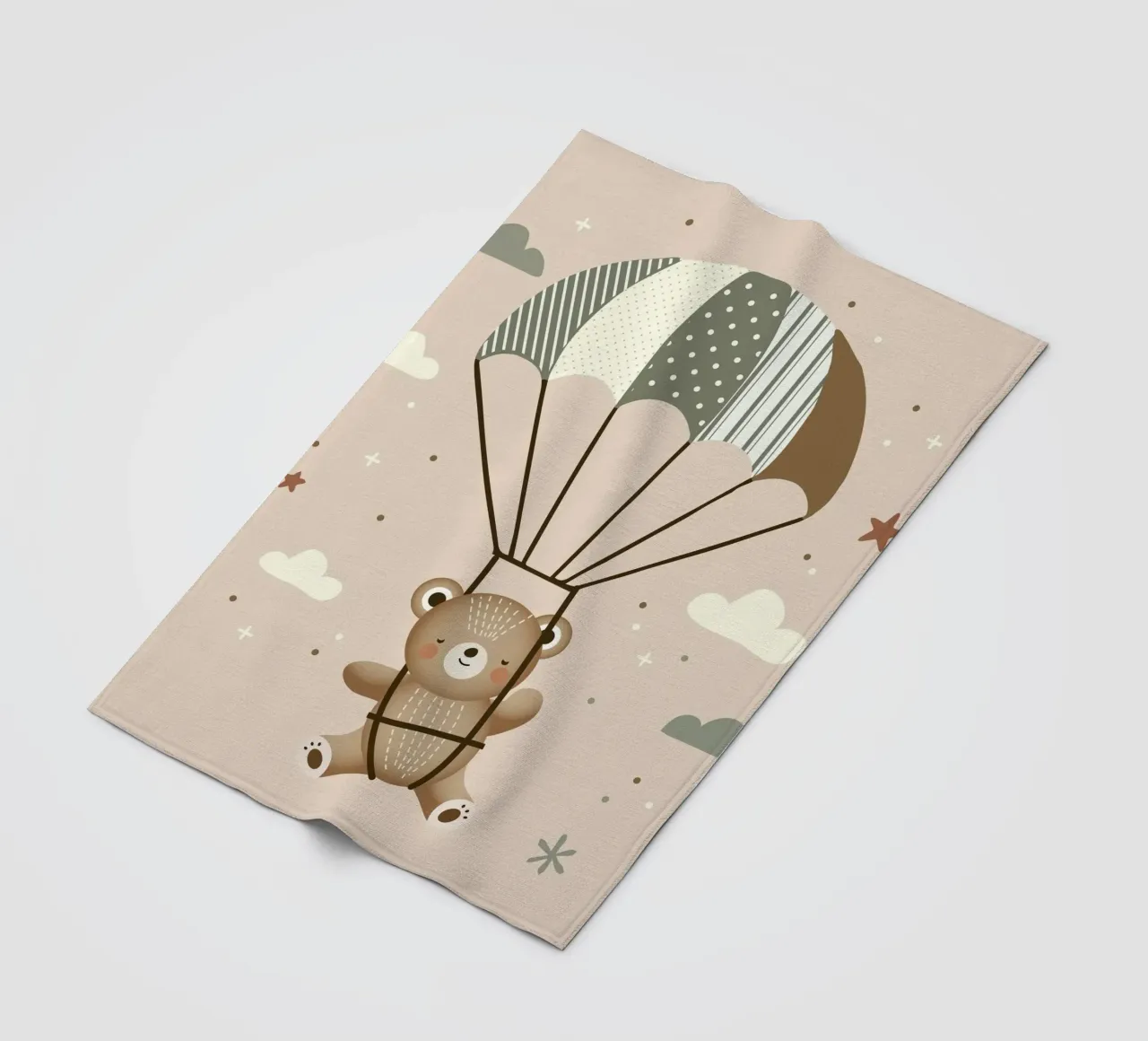 Orso con paracadute - Illustrazione giocosa in colori tenui coperta in pile da namosh