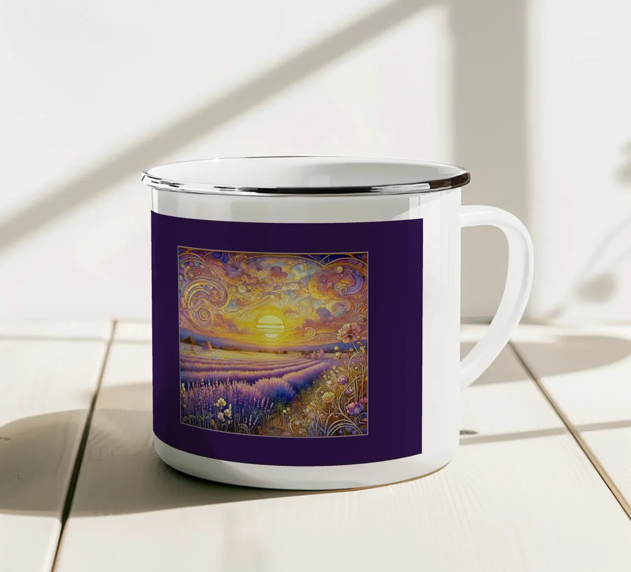 Lavendel in de zonsondergang emaille mok van Art-Nouveau-Dsg