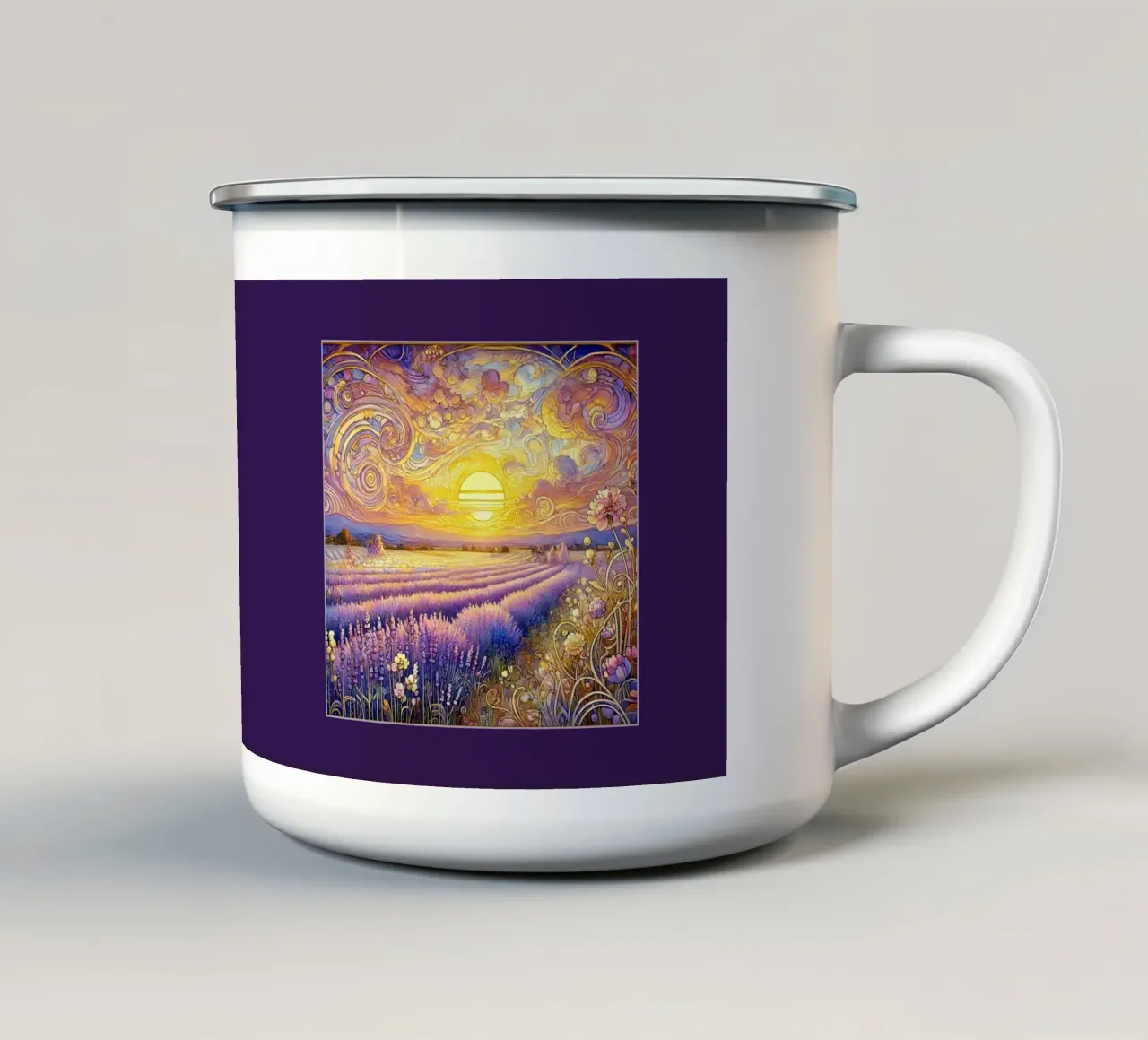 Lavendel in de zonsondergang emaille mok van Art-Nouveau-Dsg