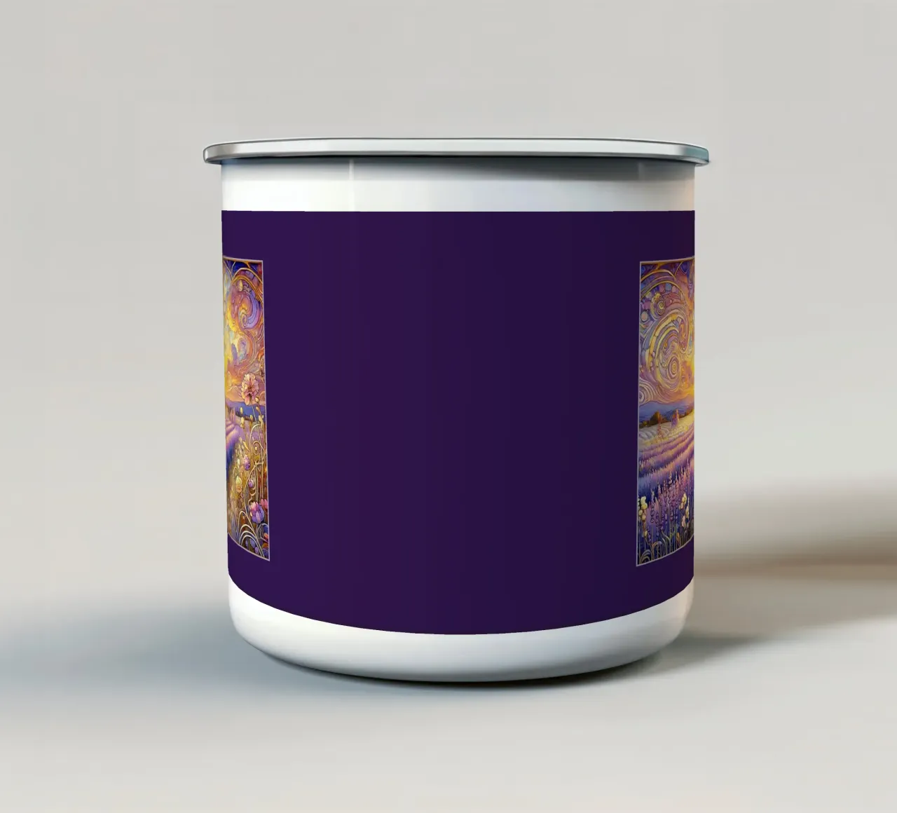Lavendel in de zonsondergang emaille mok van Art-Nouveau-Dsg