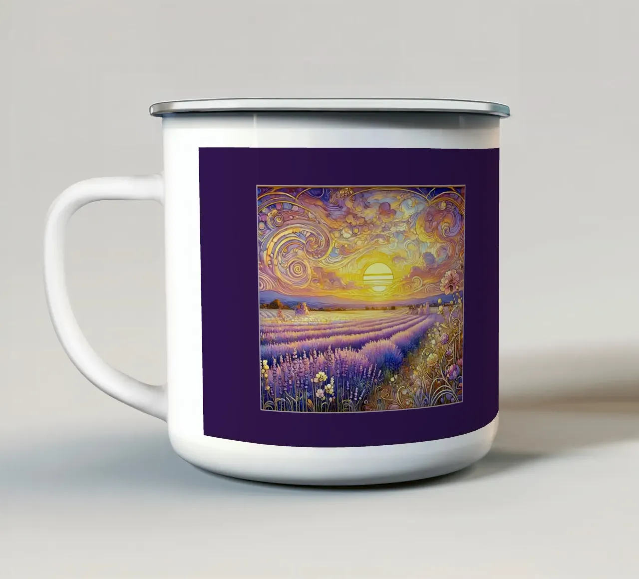 Lavendel in de zonsondergang emaille mok van Art-Nouveau-Dsg