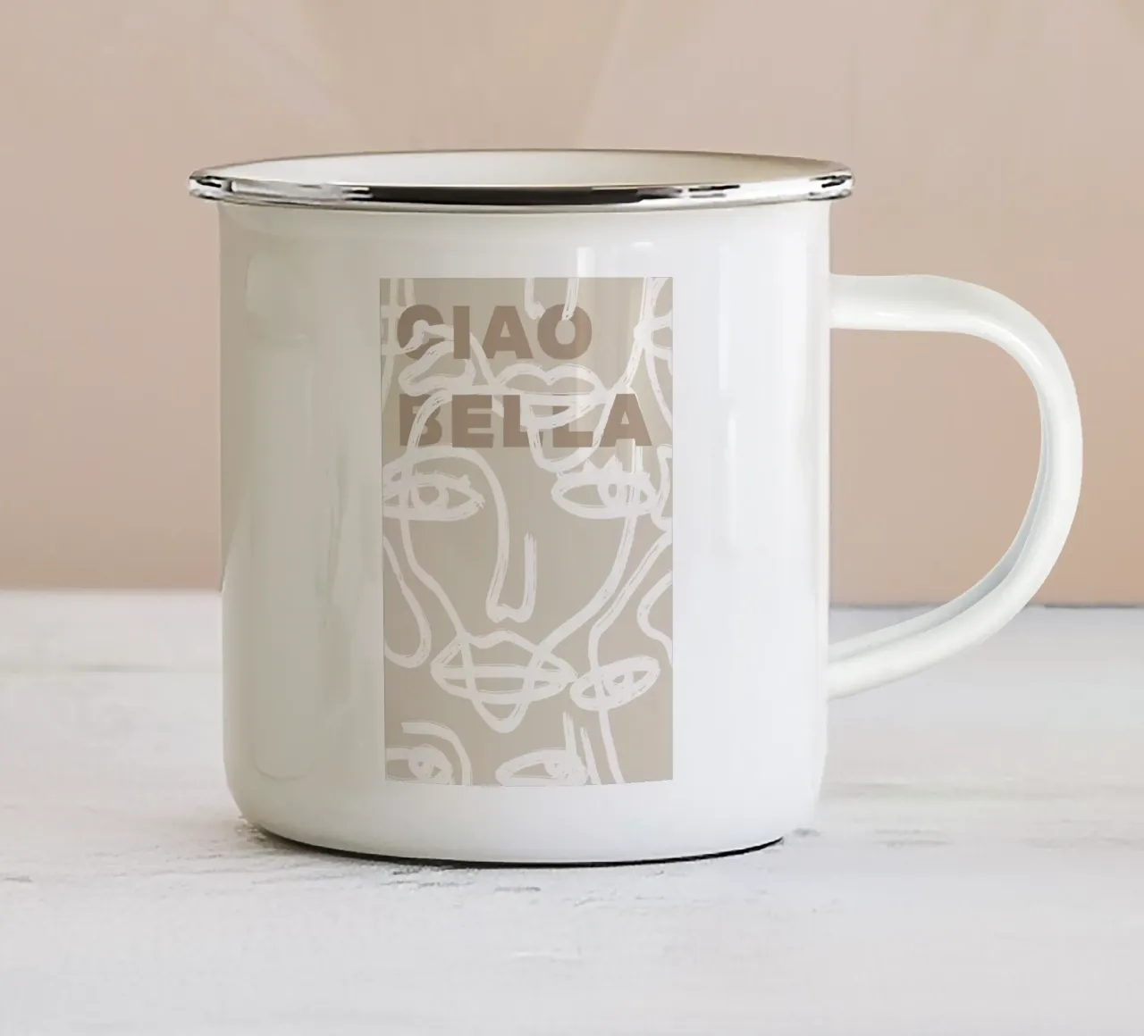 Ciao Bella - Faces Turn Beige enamel mug by ni-ja artboutique