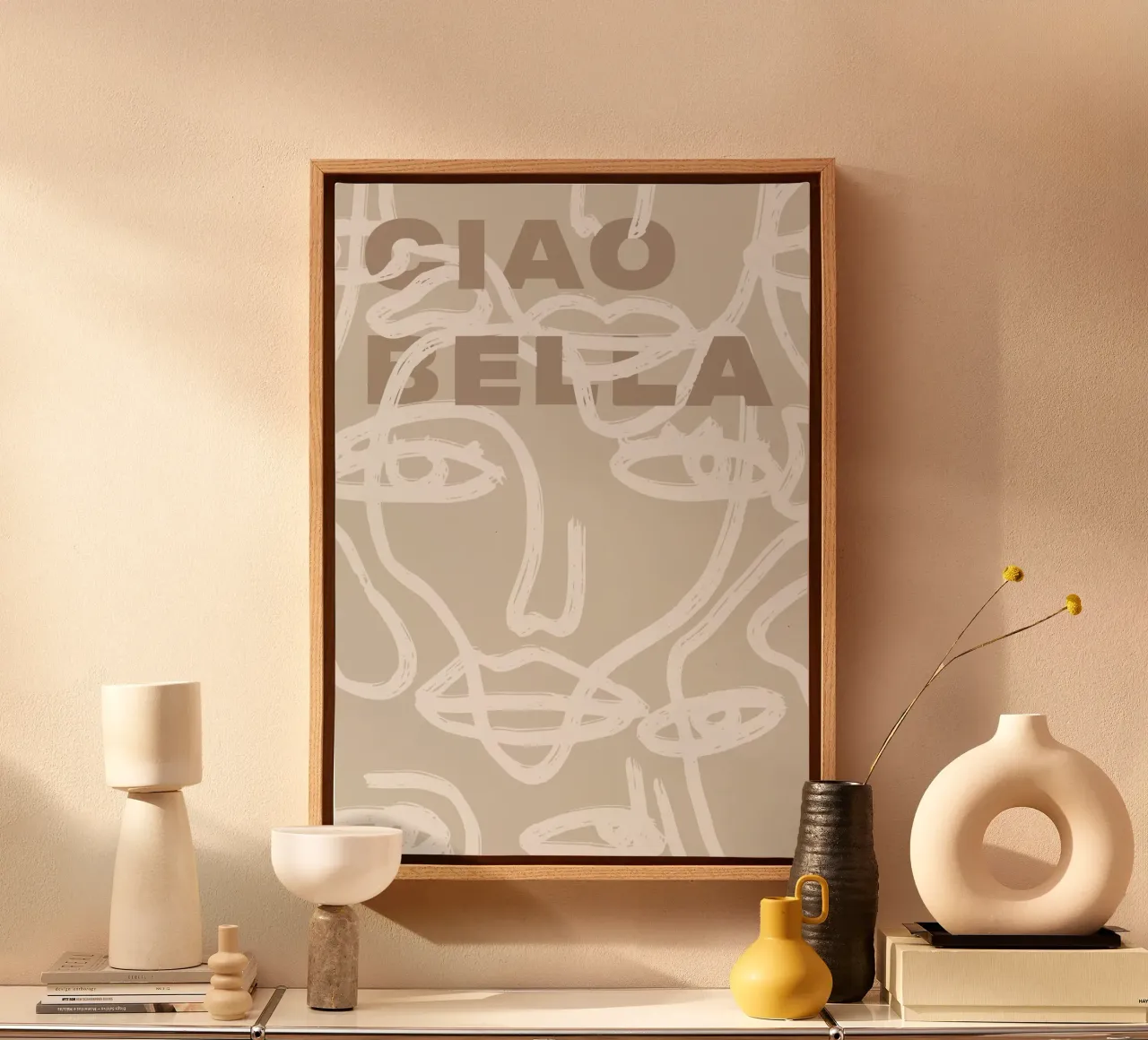 Ciao Bella - Faces Turn Beige canvas with Floater frame by ni-ja artboutique
