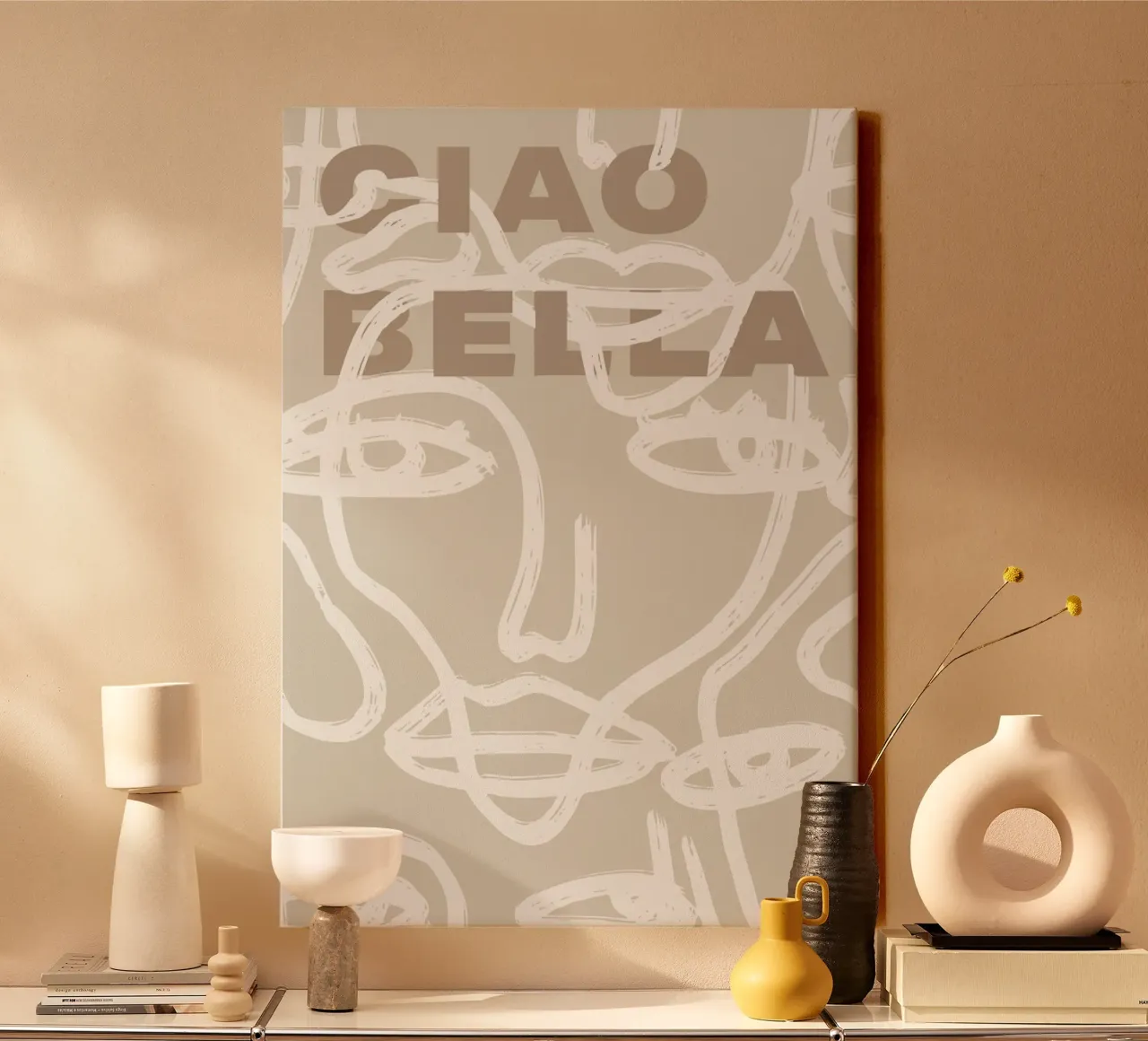 Ciao Bella - Faces Turn Beige canvas with Floater frame by ni-ja artboutique