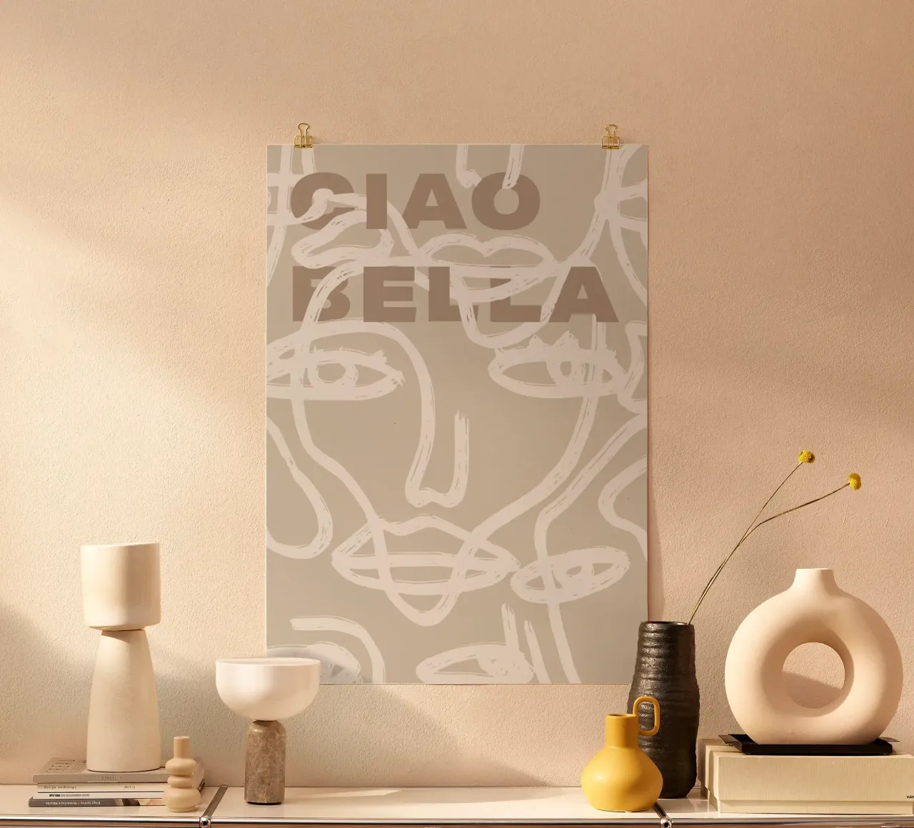 Ciao Bella - Faces Turn Beige poster with wooden frame by ni-ja artboutique