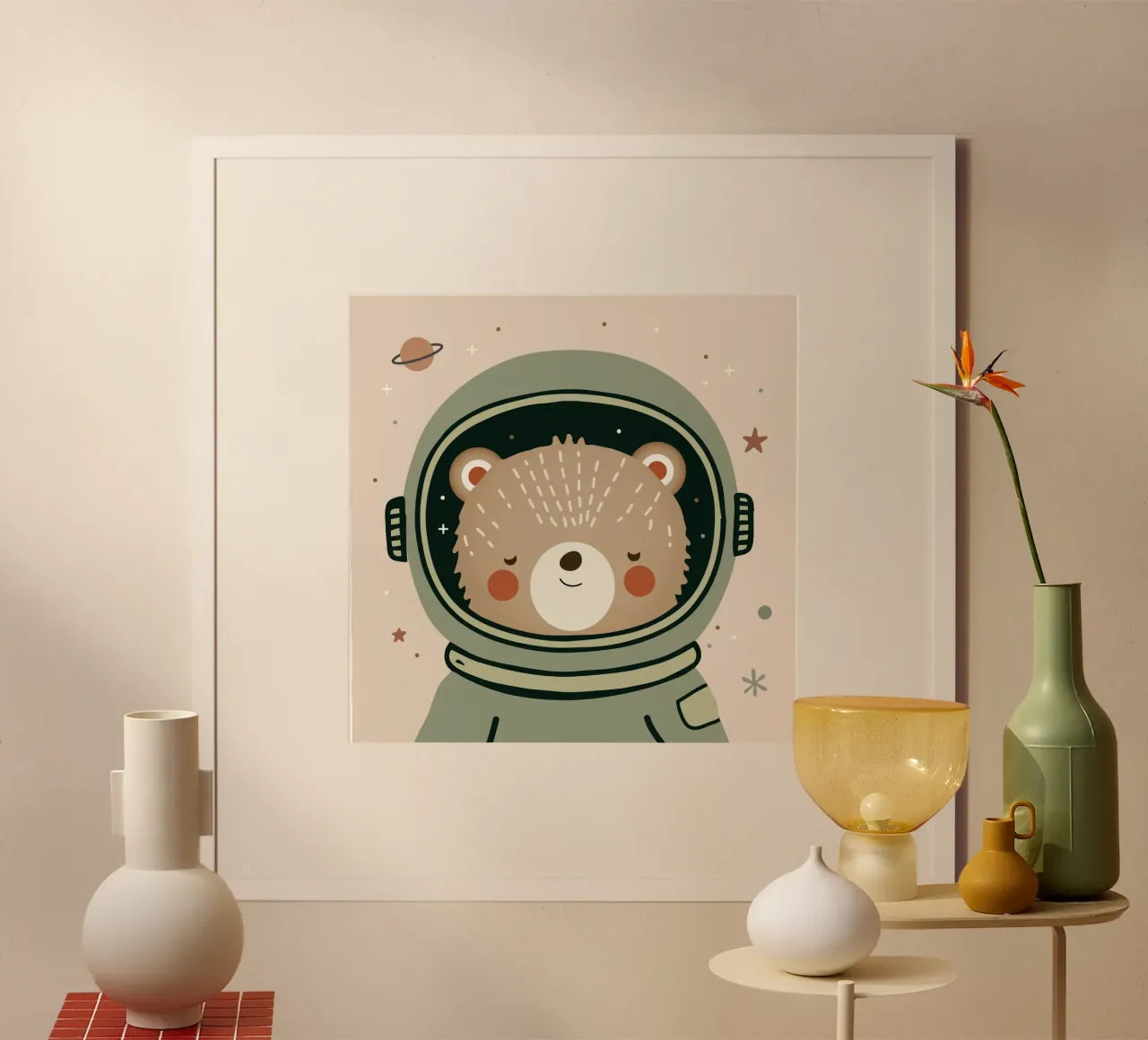 Orso come astronauta - illustrazione dal sapore galattico poster con telaio in legno da namosh