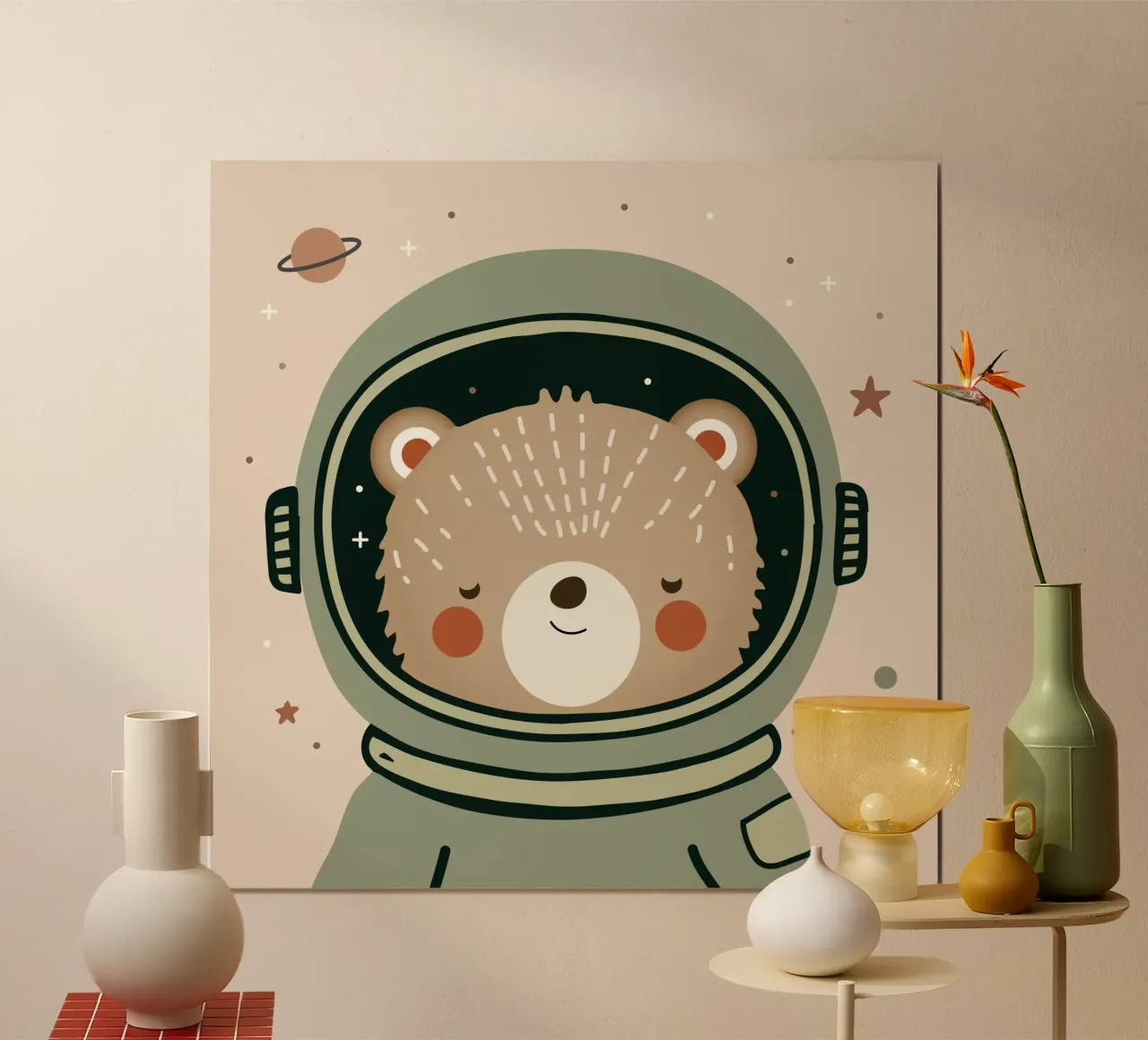 Orso come astronauta - illustrazione dal sapore galattico poster con telaio in legno da namosh