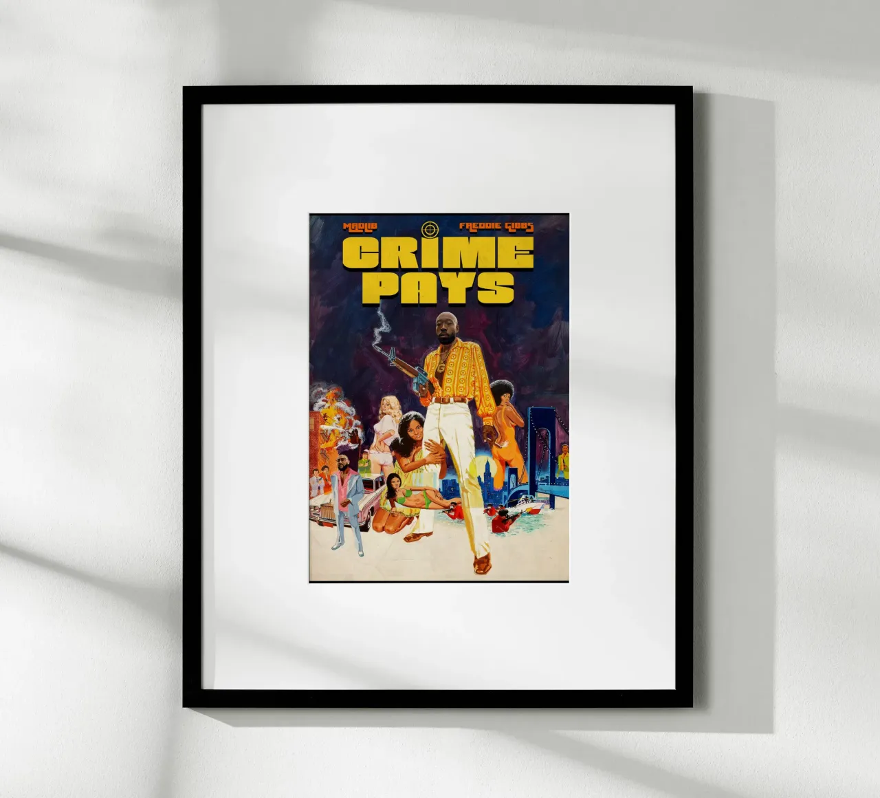 Crime pays poster with wooden frame by Ads Libitum