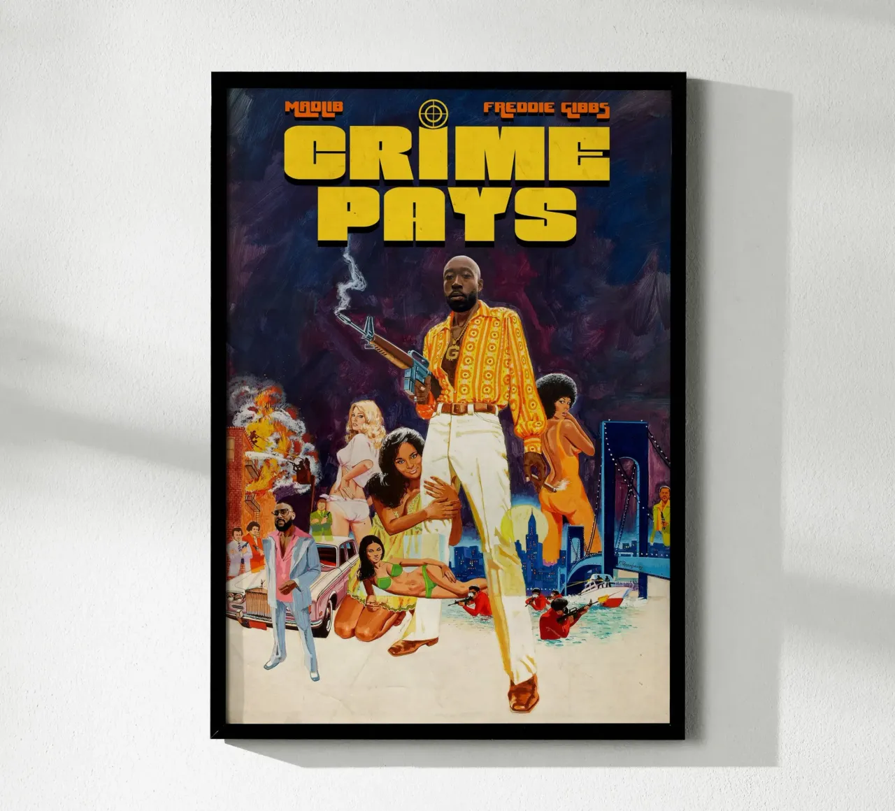 Crime pays poster with wooden frame by Ads Libitum