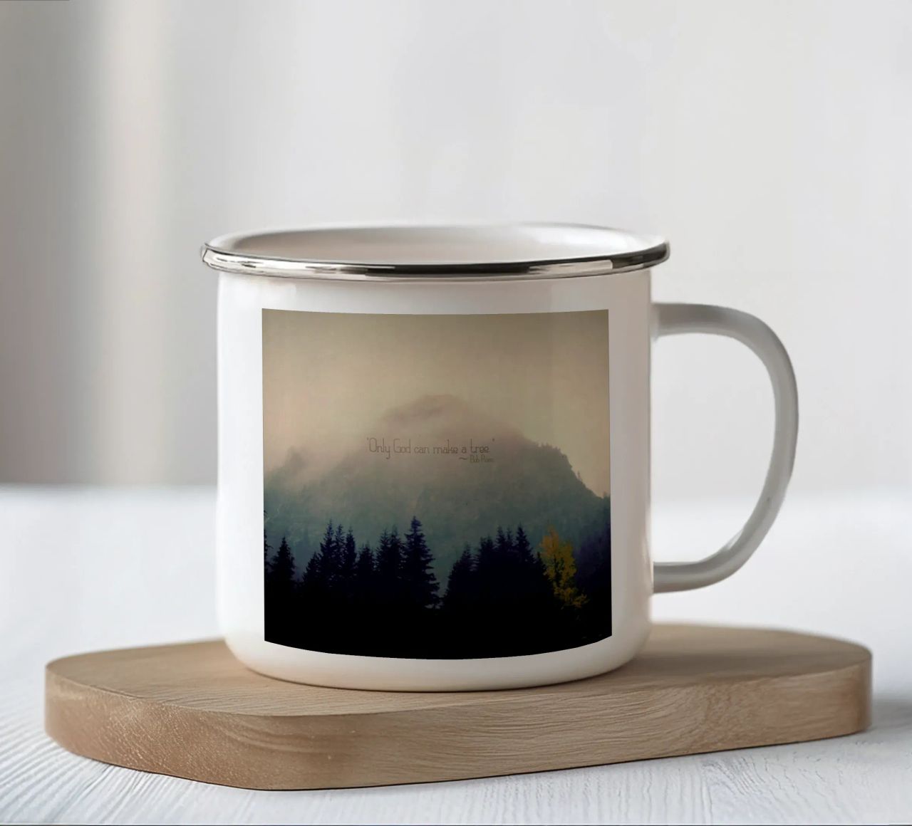 Only God Can Make A Tree tazza in smalto da Robin Delean