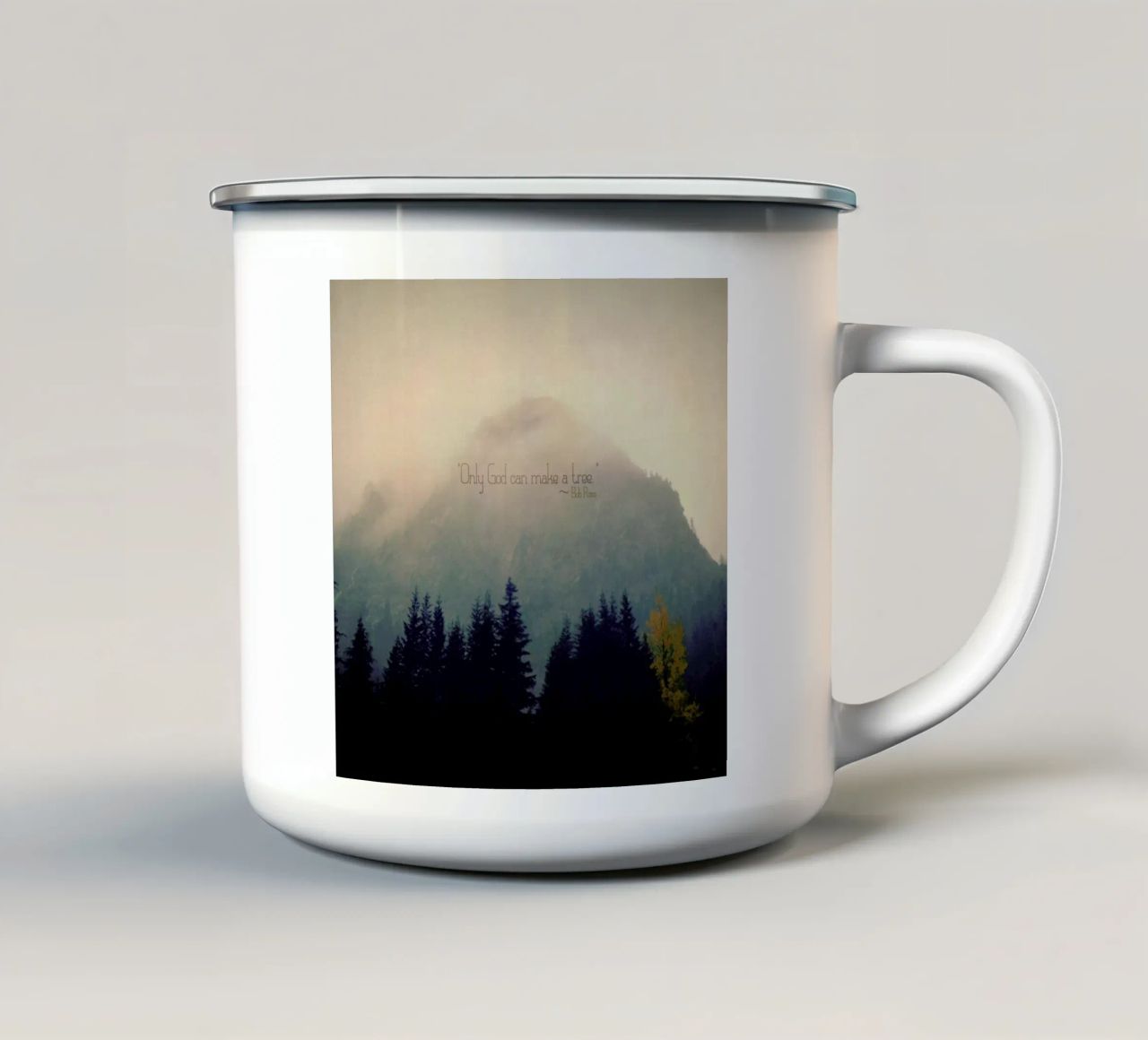 Only God Can Make A Tree tazza in smalto da Robin Delean