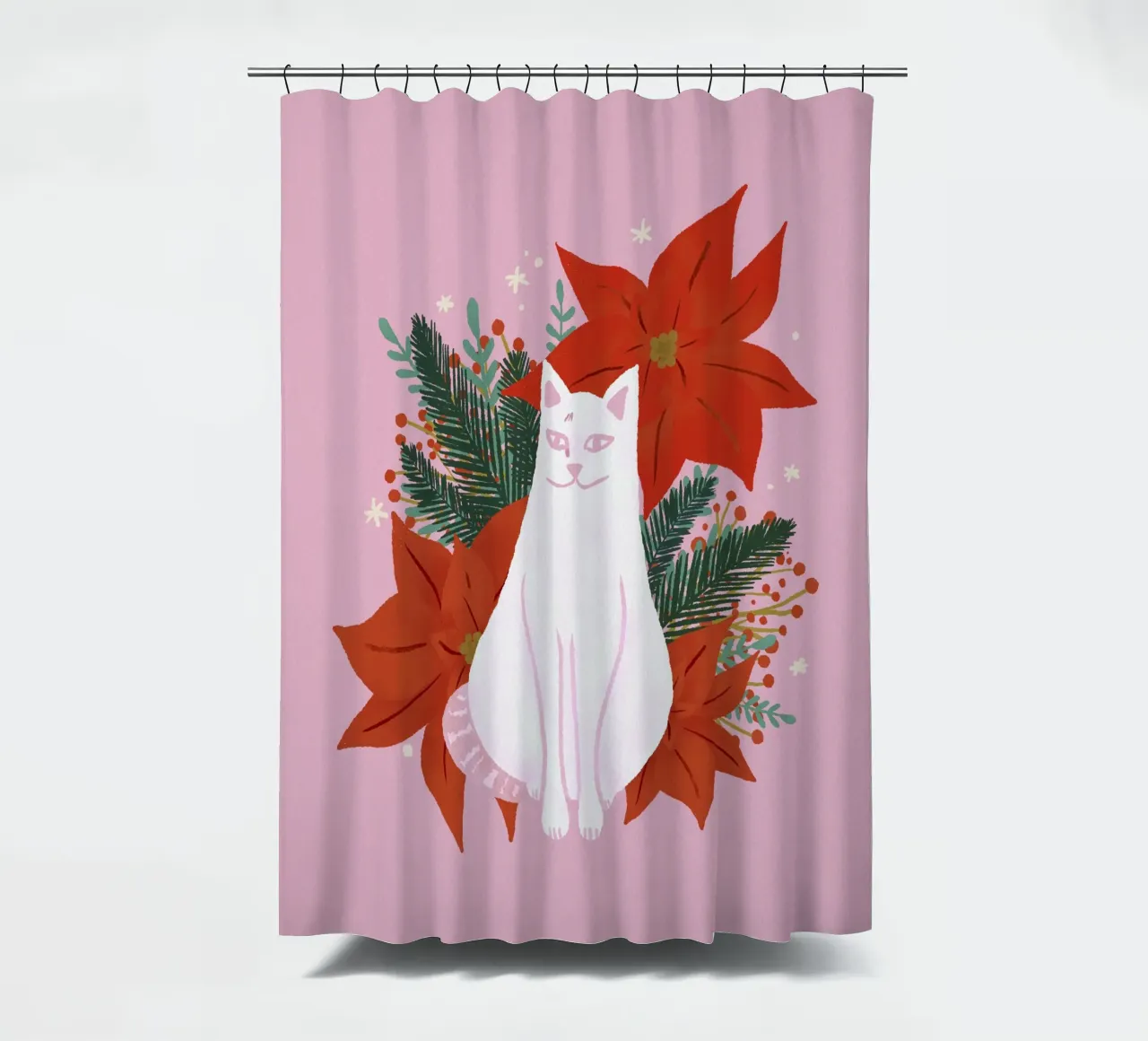 Christmas cat - pink shower curtain by Wackapacka