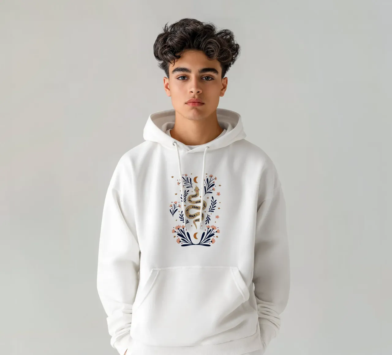 Serpente e fiori - beige e indaco felpa con cappuccio da Wackapacka