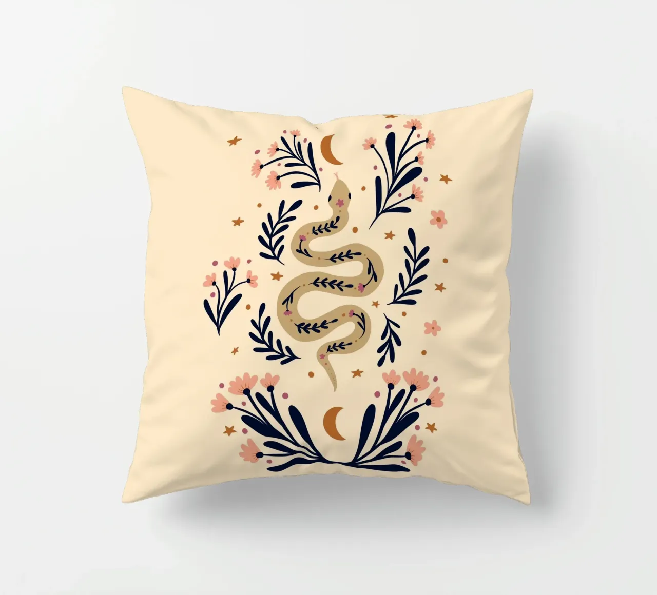 Serpente e fiori - beige e indaco cuscino da Wackapacka
