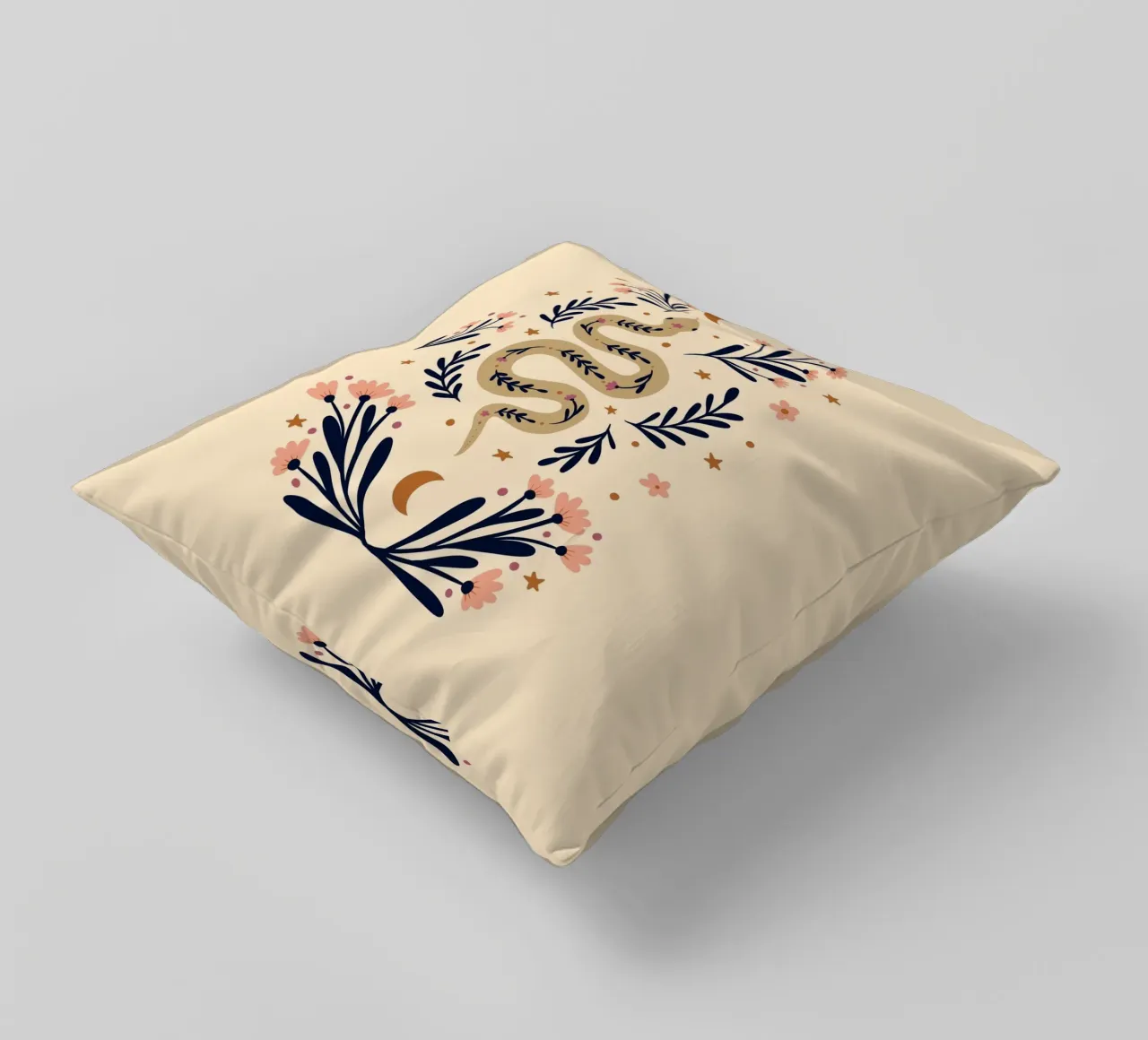Serpente e fiori - beige e indaco cuscino da Wackapacka