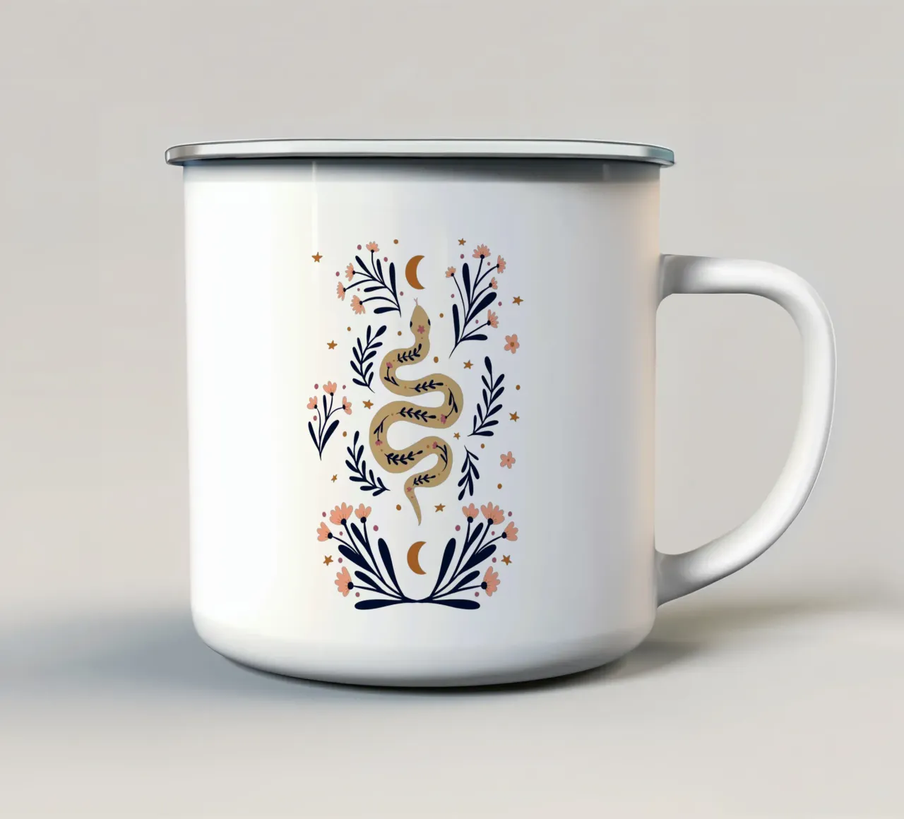 Serpente e fiori - beige e indaco tazza in smalto da Wackapacka