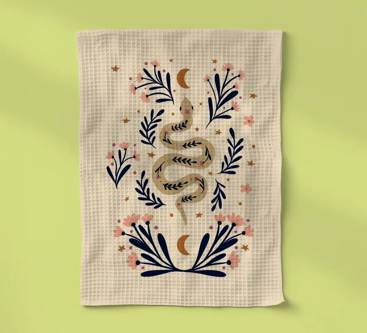 Serpente e fiori - beige e indaco canovaccio da cucina da Wackapacka