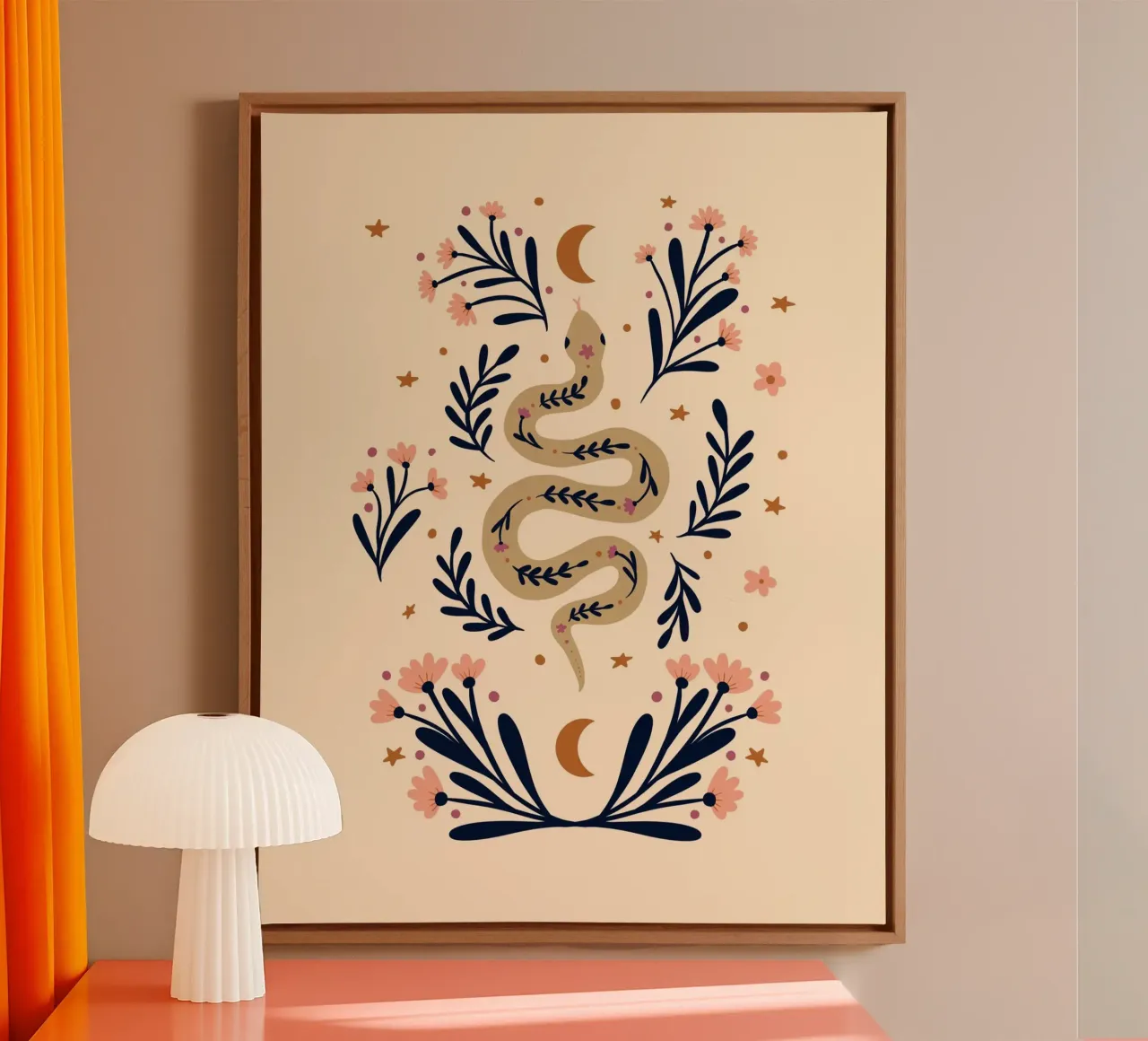 Serpente e fiori - beige e indaco tela con Cornice a cassetta da Wackapacka