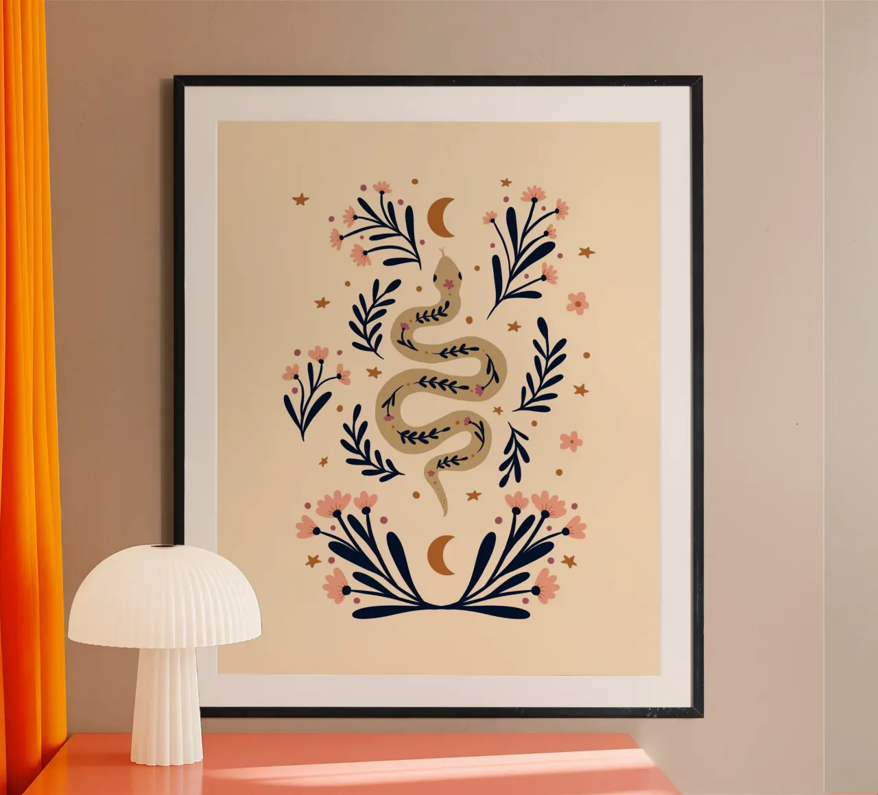 Serpente e fiori - beige e indaco carta hahnemühle da Wackapacka