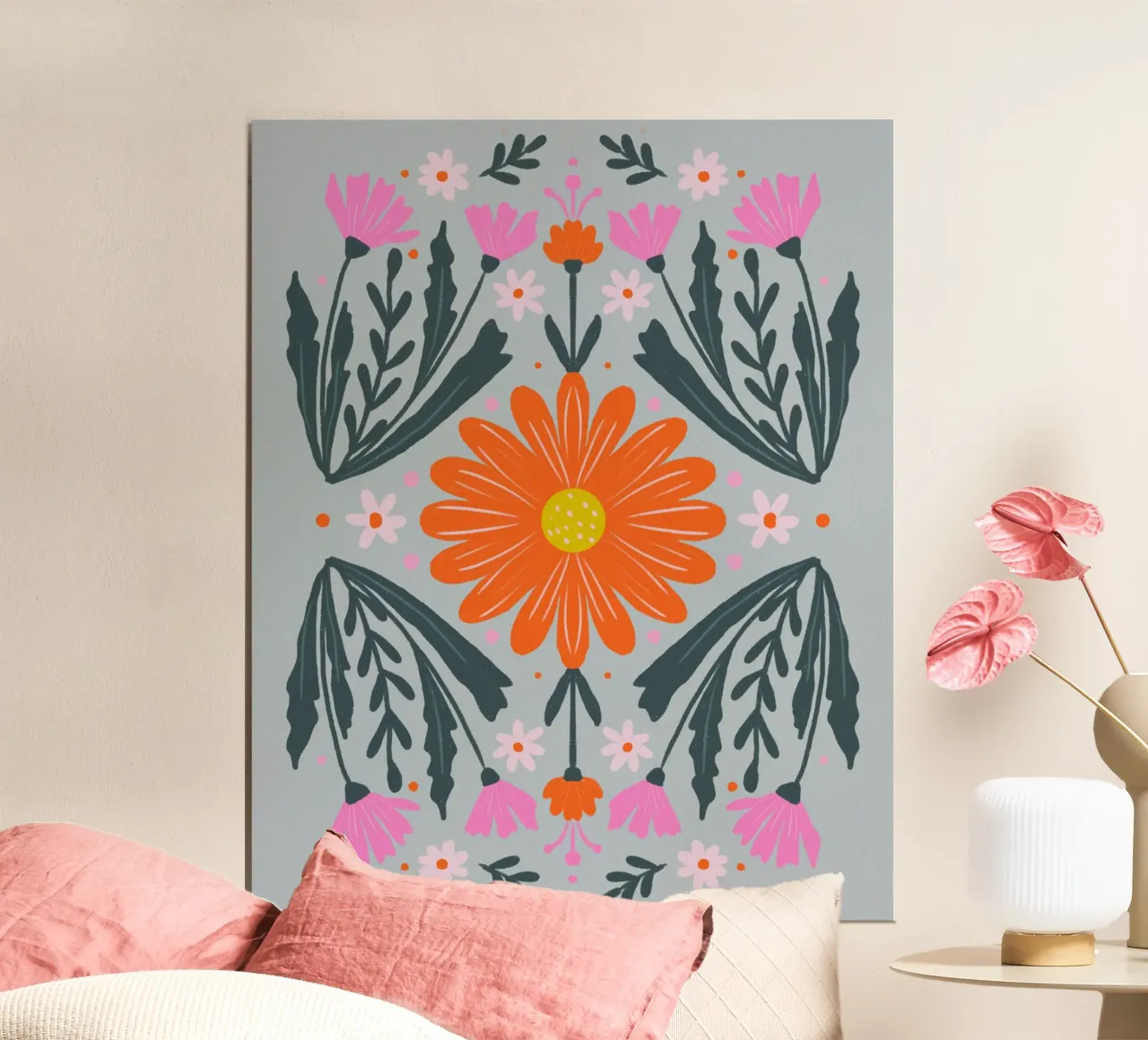 Fiore arancione con boccioli rosa poster con telaio in plastica da Wackapacka