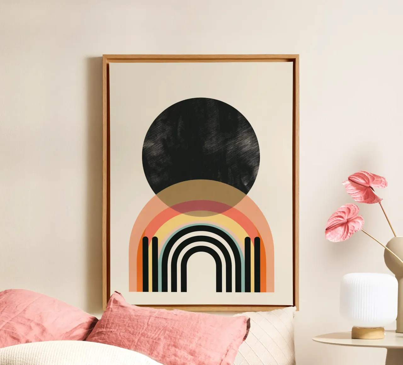 Geometric colours & arcs canvas with Floater frame by Whole©