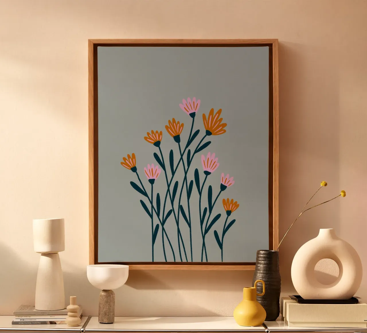 Roze en oranje bloemen canvas met Baklijst van Wackapacka
