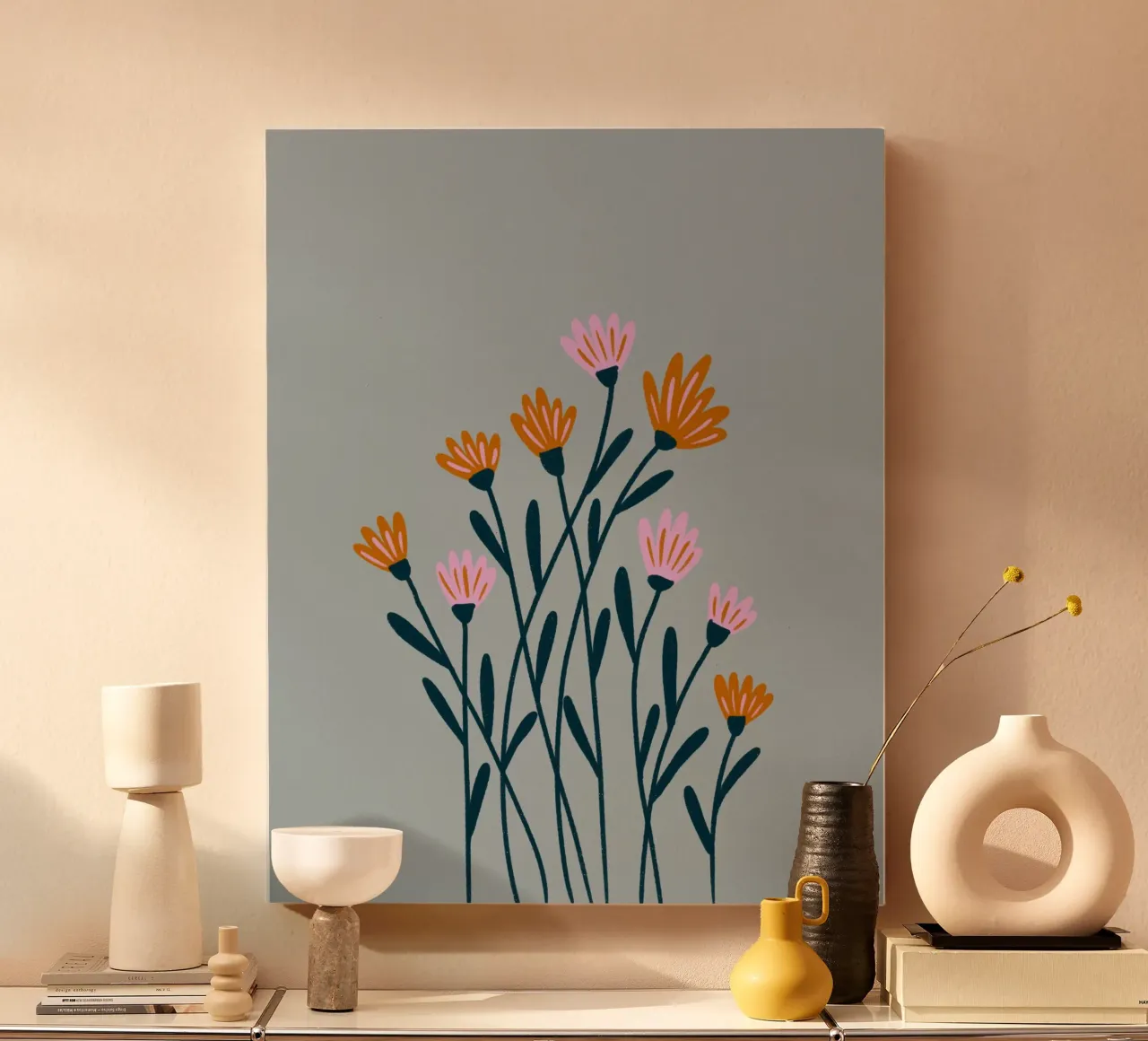 Roze en oranje bloemen canvas met Baklijst van Wackapacka