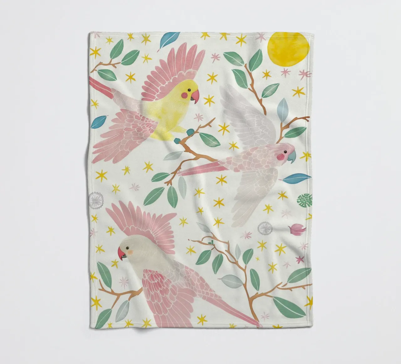 Estroso uccelli pappagalli carino in una luna stella botanico floreale coperta in pile da Gentle Echoes Art