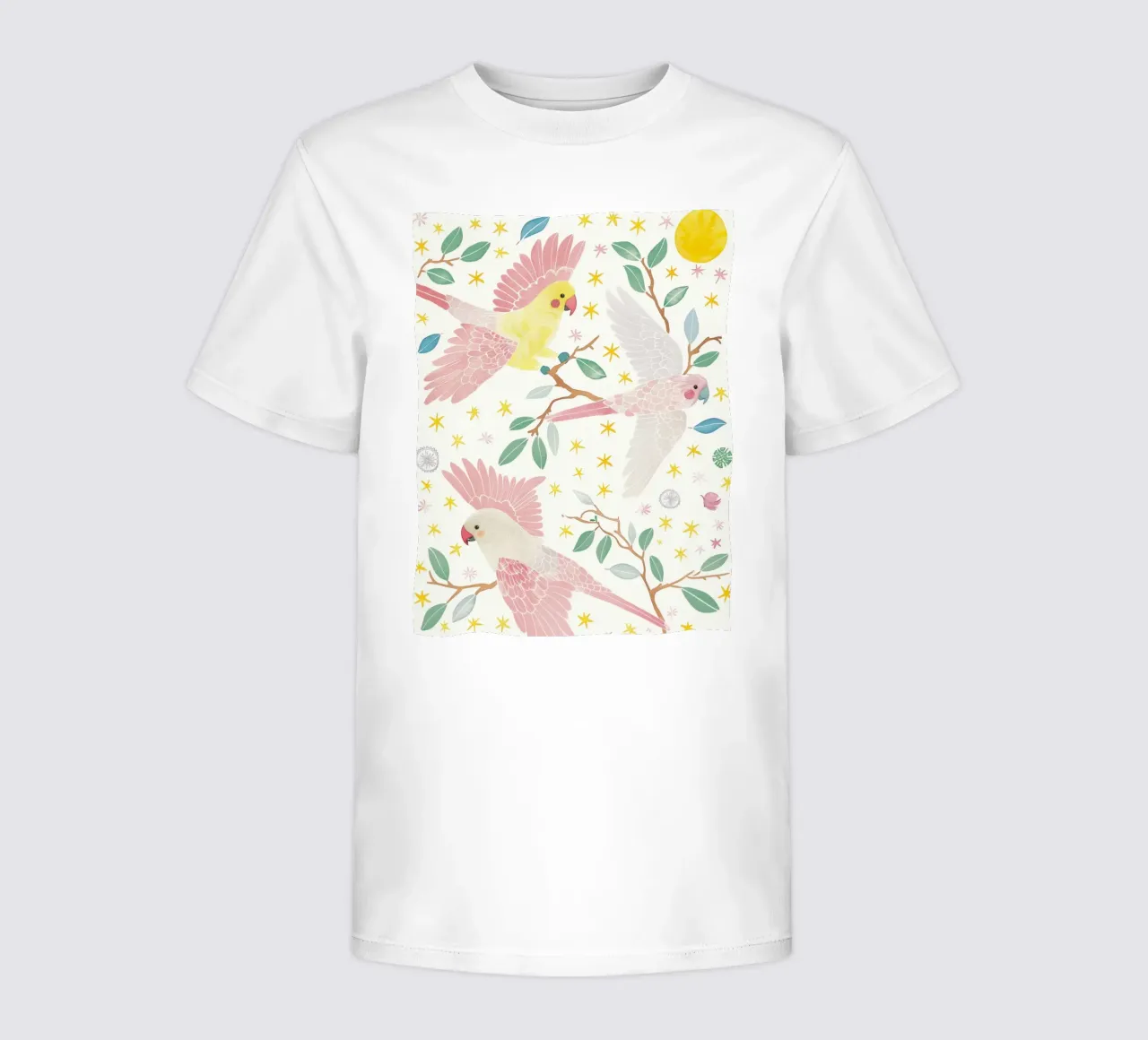 Estroso uccelli pappagalli carino in una luna stella botanico floreale t-shirt bambini da Gentle Echoes Art