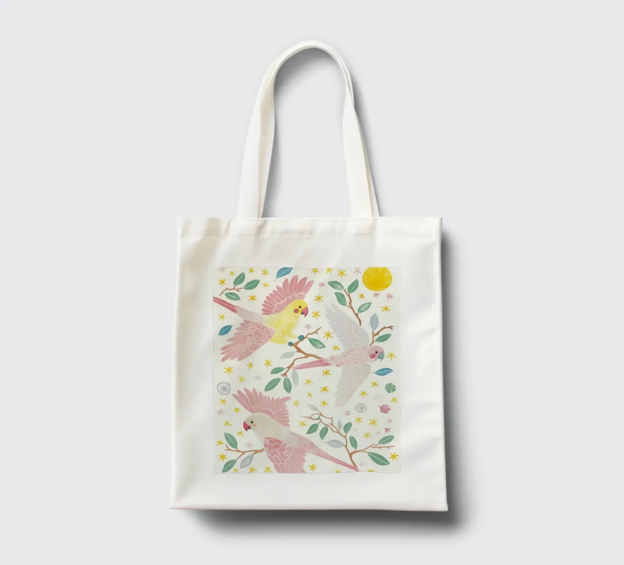 Estroso uccelli pappagalli carino in una luna stella botanico floreale borsa in juta da Gentle Echoes Art