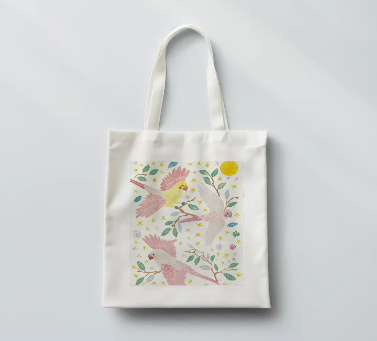 Estroso uccelli pappagalli carino in una luna stella botanico floreale borsa in juta da Gentle Echoes Art