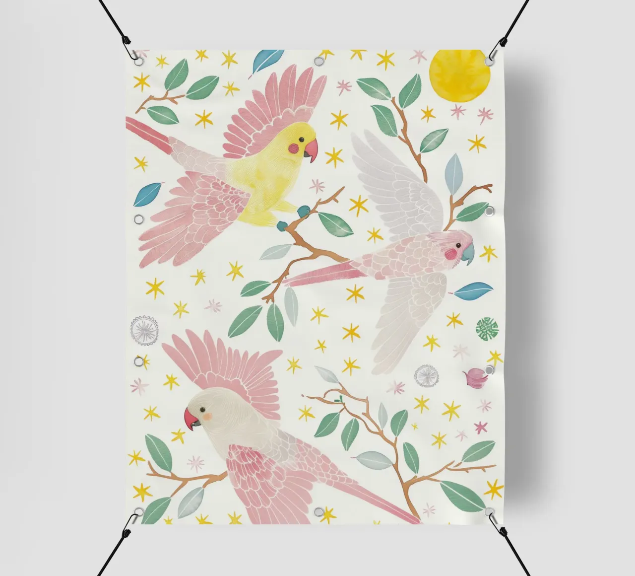Estroso uccelli pappagalli carino in una luna stella botanico floreale telo in pvc da Gentle Echoes Art