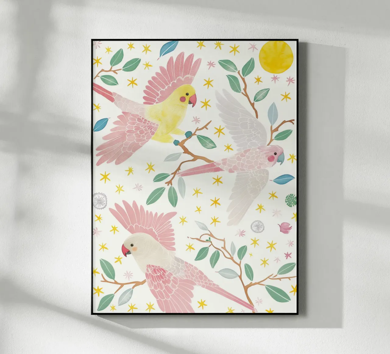 Caprichoso loros lindos pájaros en una estrella de la luna Botánico Floral metacrilato de Gentle Echoes Art