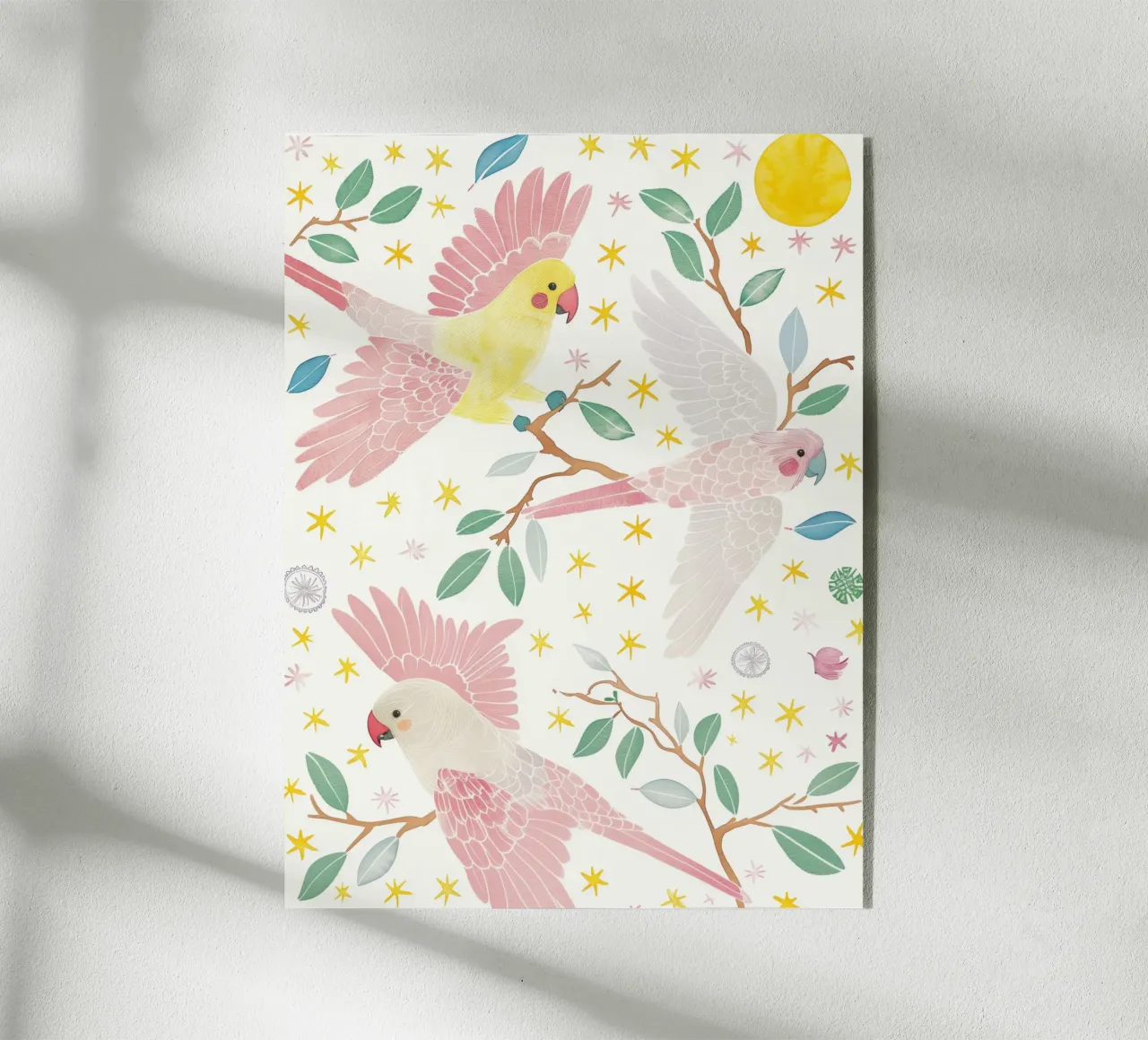 Caprichoso loros lindos pájaros en una estrella de la luna Botánico Floral metacrilato de Gentle Echoes Art