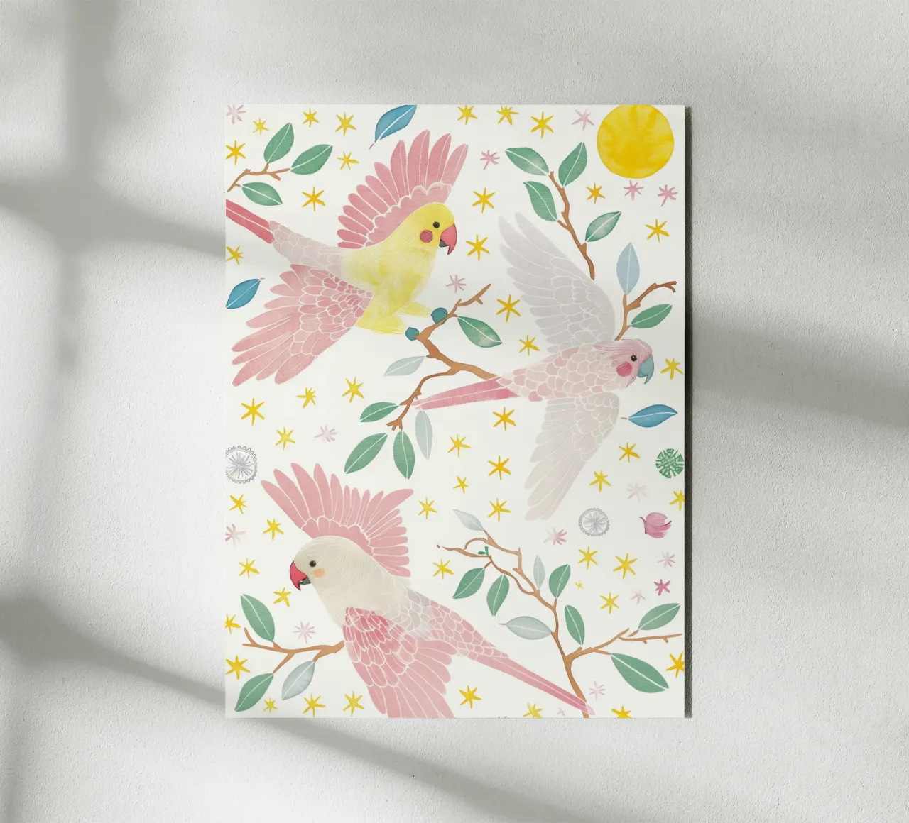 Estroso uccelli pappagalli carino in una luna stella botanico floreale pannello forex da Gentle Echoes Art