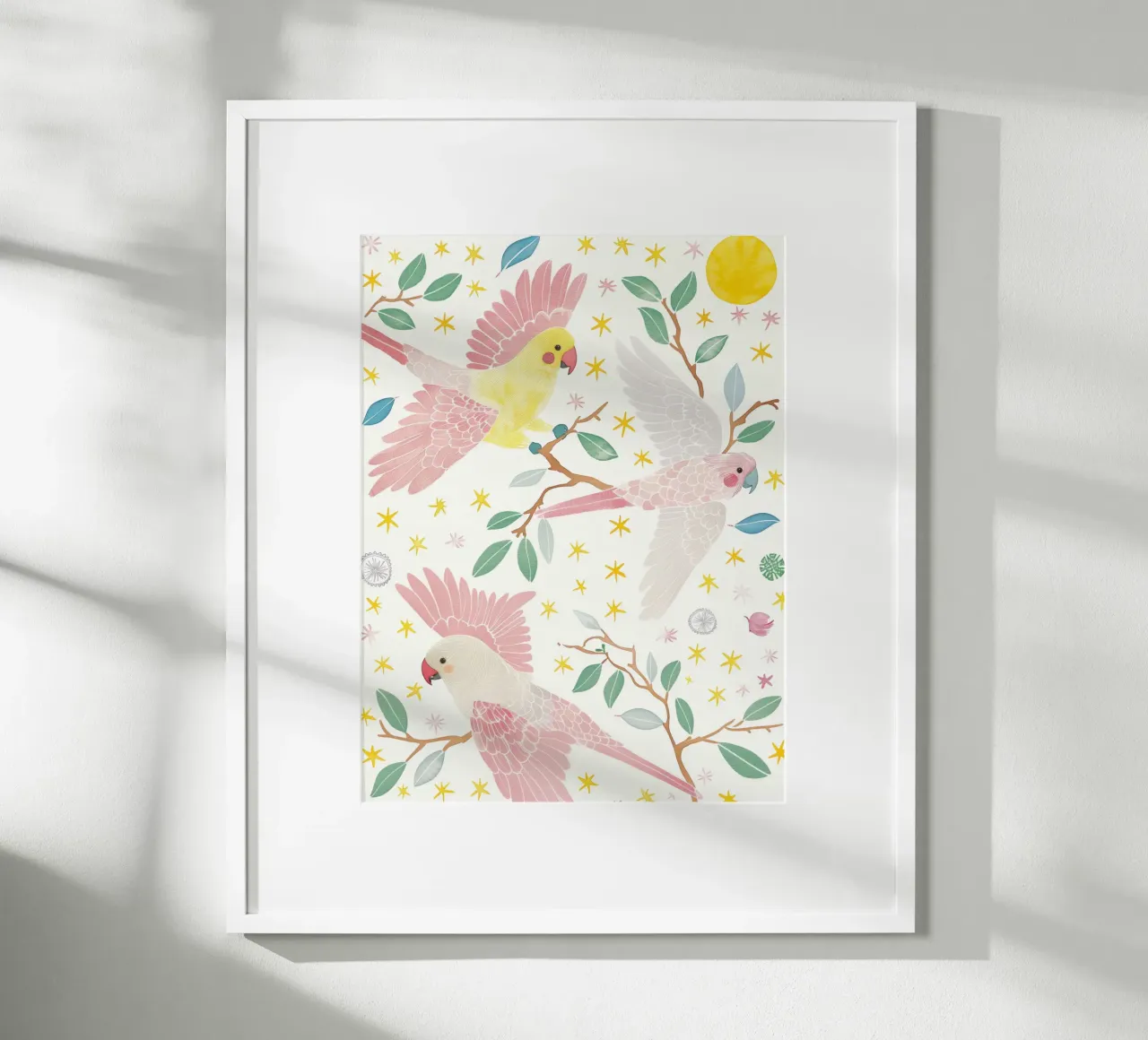 Estroso uccelli pappagalli carino in una luna stella botanico floreale poster da Gentle Echoes Art