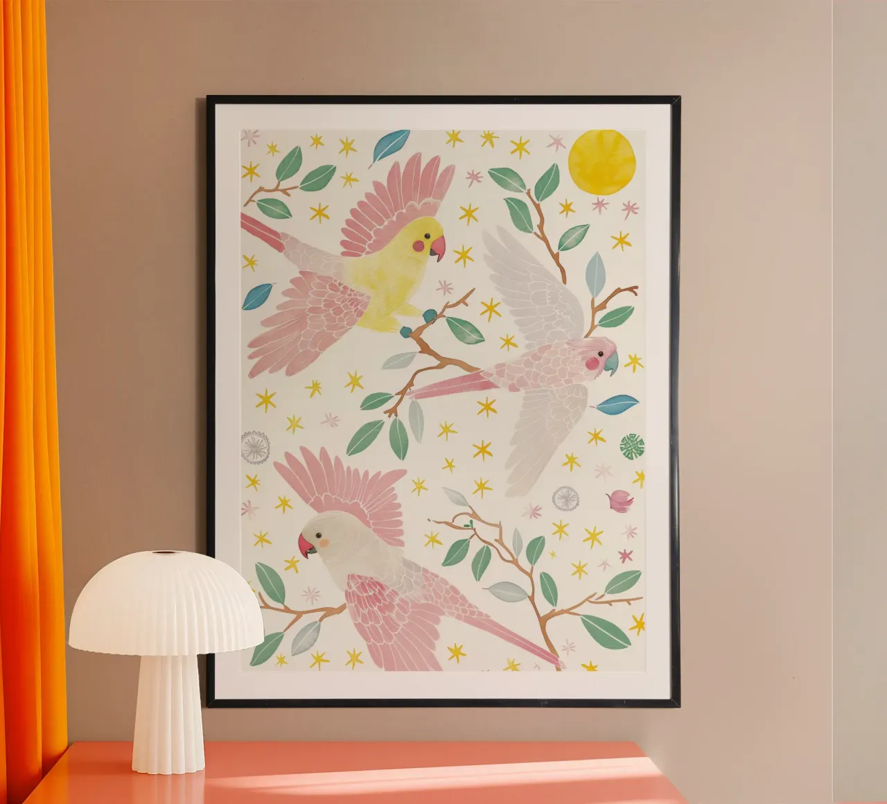Estroso uccelli pappagalli carino in una luna stella botanico floreale carta hahnemühle da Gentle Echoes Art