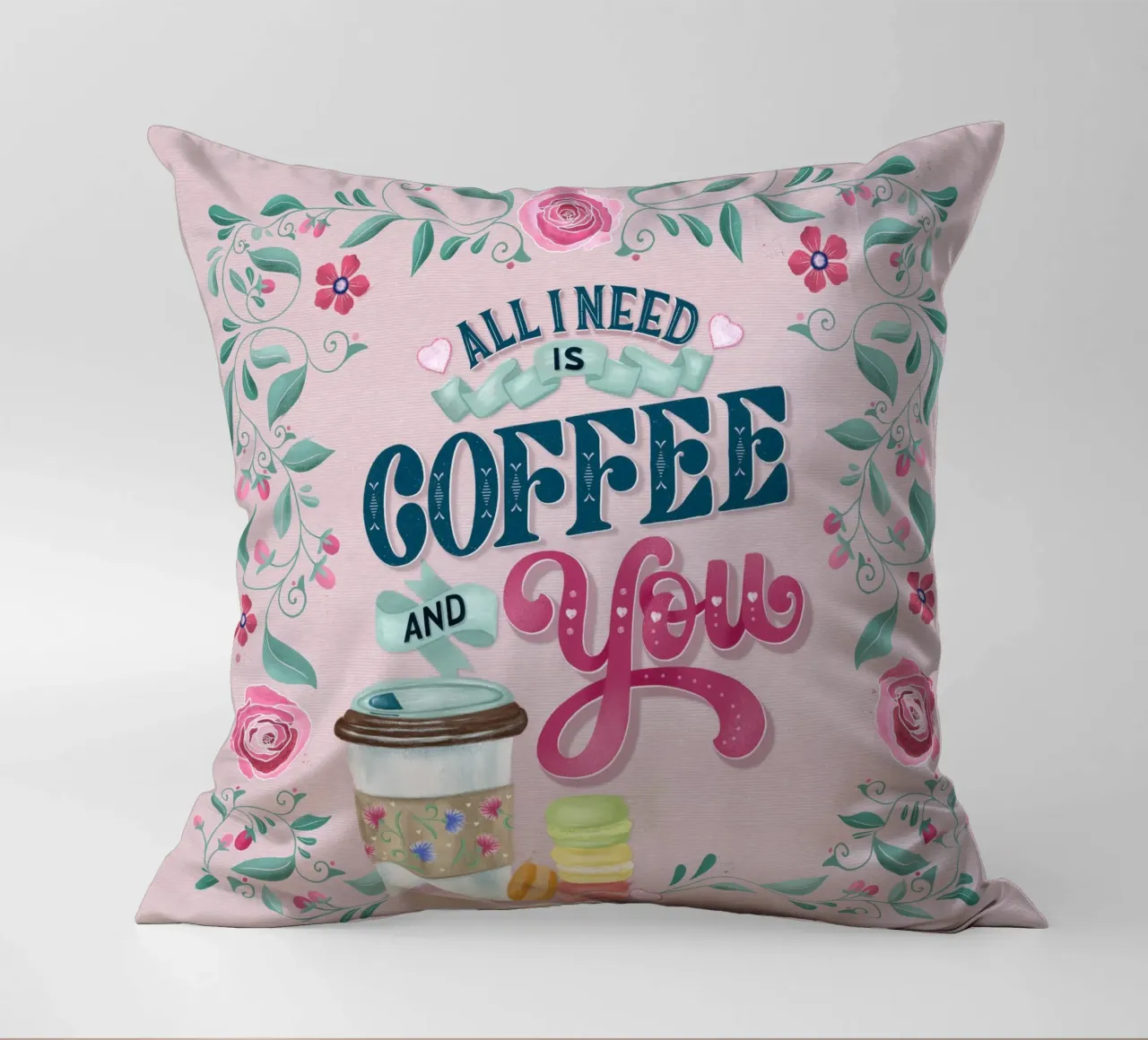 All I Need Is Coffee and You. Lustiger Kaffeespruch. cuscino da CalliLetters
