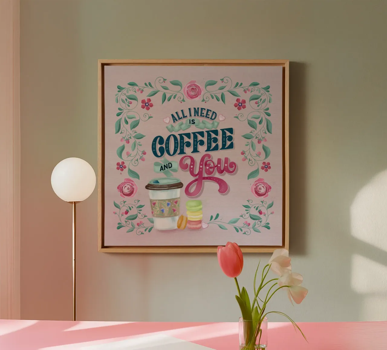 All I Need Is Coffee and You. Lustiger Kaffeespruch. canvas with Floater frame by CalliLetters
