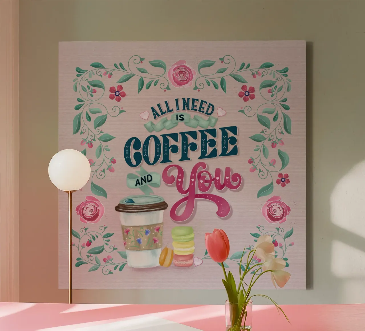 All I Need Is Coffee and You. Lustiger Kaffeespruch. canvas with Floater frame by CalliLetters