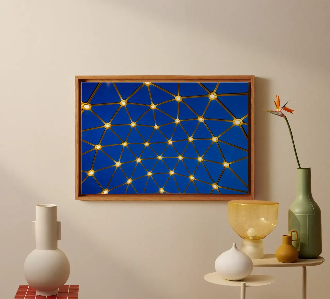 Lampen op blauwe achtergrond canvas met Baklijst van anderm
