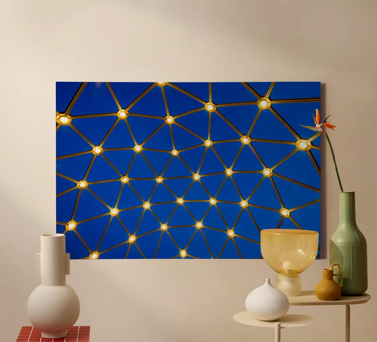 Lampen op blauwe achtergrond canvas met Baklijst van anderm