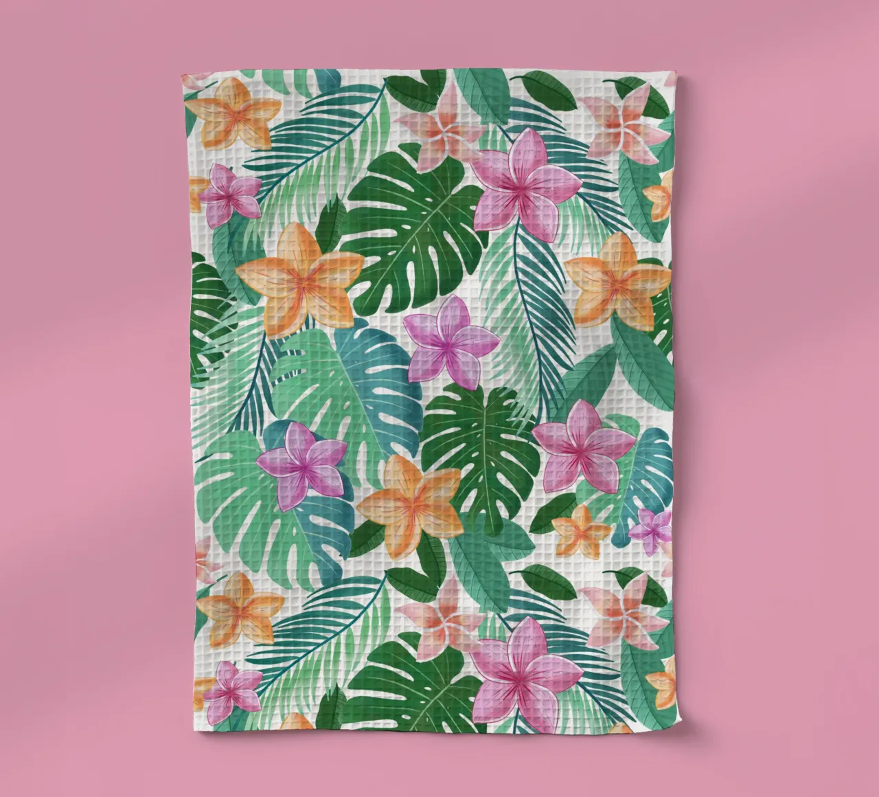 Sogno di un motivo tropicale. Con foglie di palma, monstera e plumeria canovaccio da cucina da CalliLetters