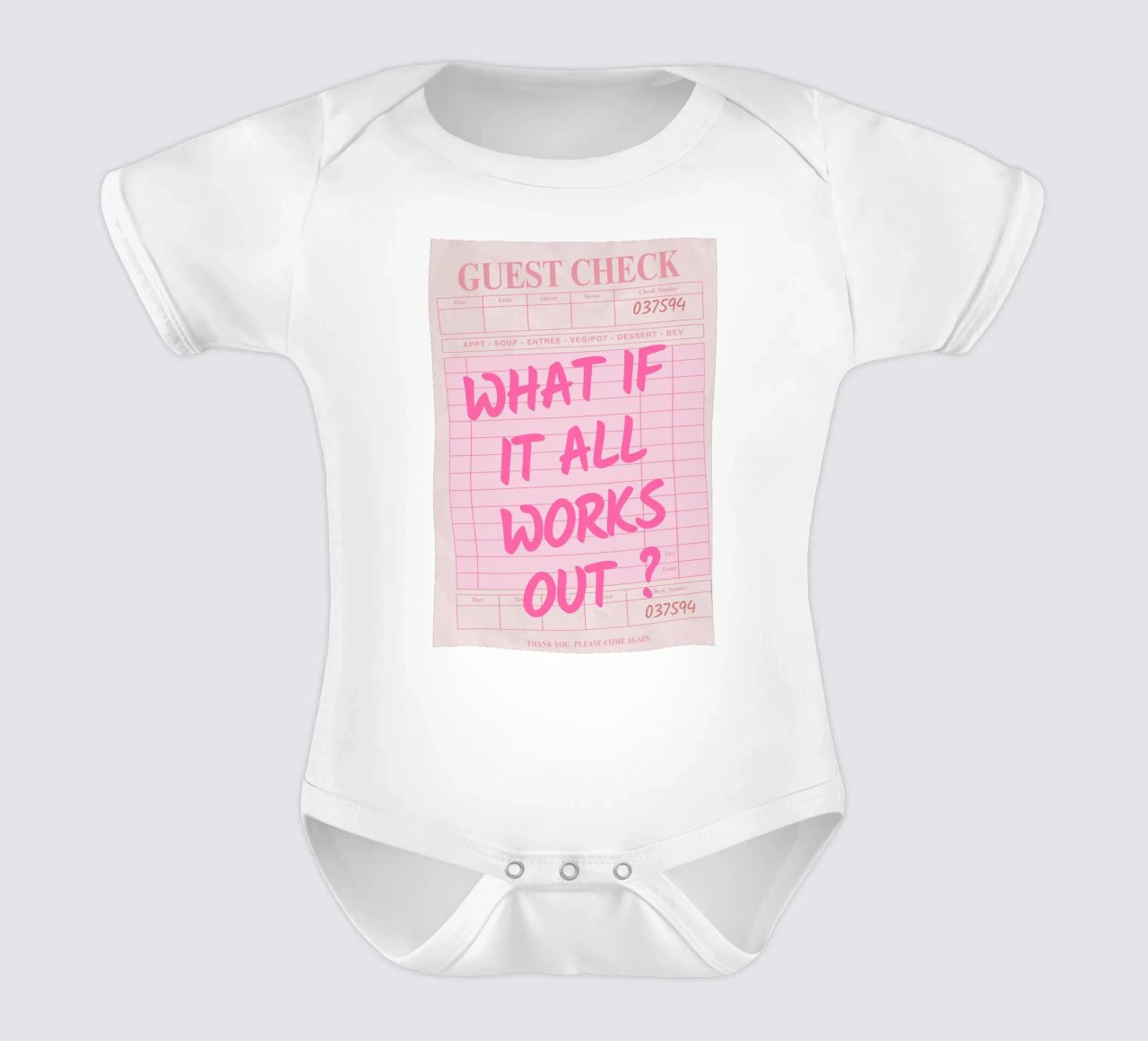 Guest Check,What If It All Works Out, Trendy Typography short-sleeve baby romper by pdigitalprints